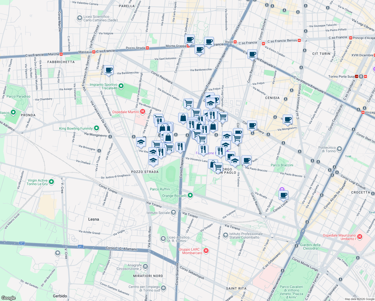 map of restaurants, bars, coffee shops, grocery stores, and more near 169 Corso Trapani in Torino