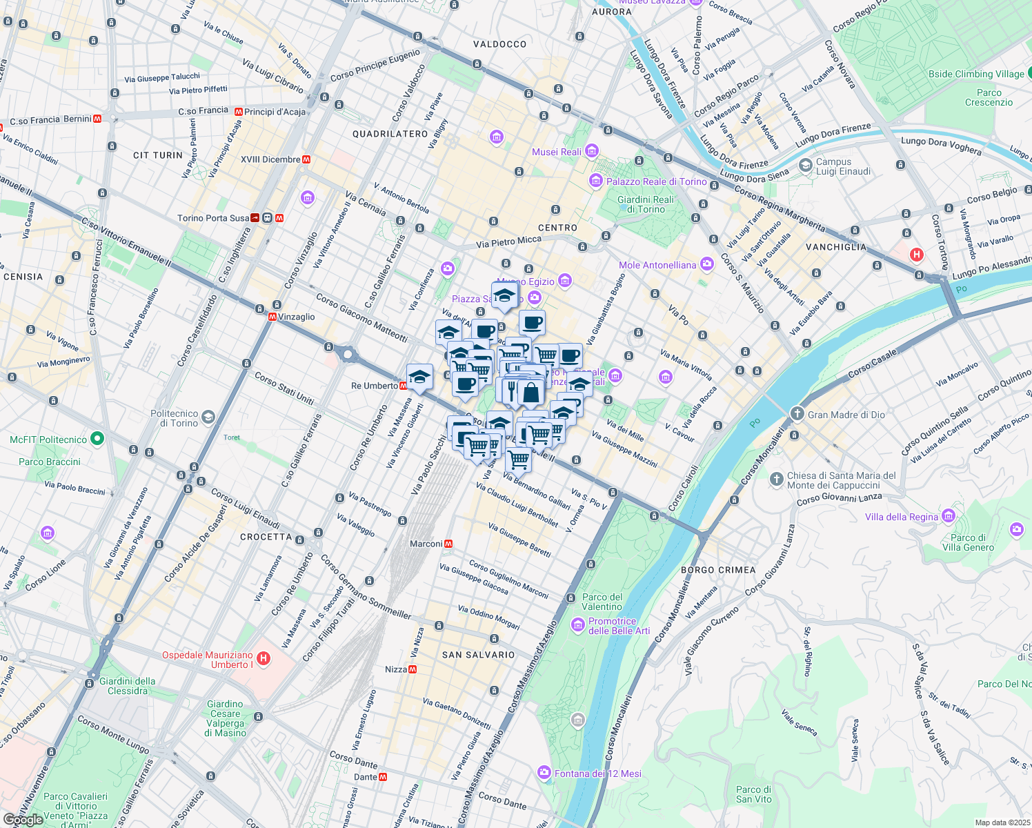 map of restaurants, bars, coffee shops, grocery stores, and more near 5 Via Urbano Rattazzi in Turin