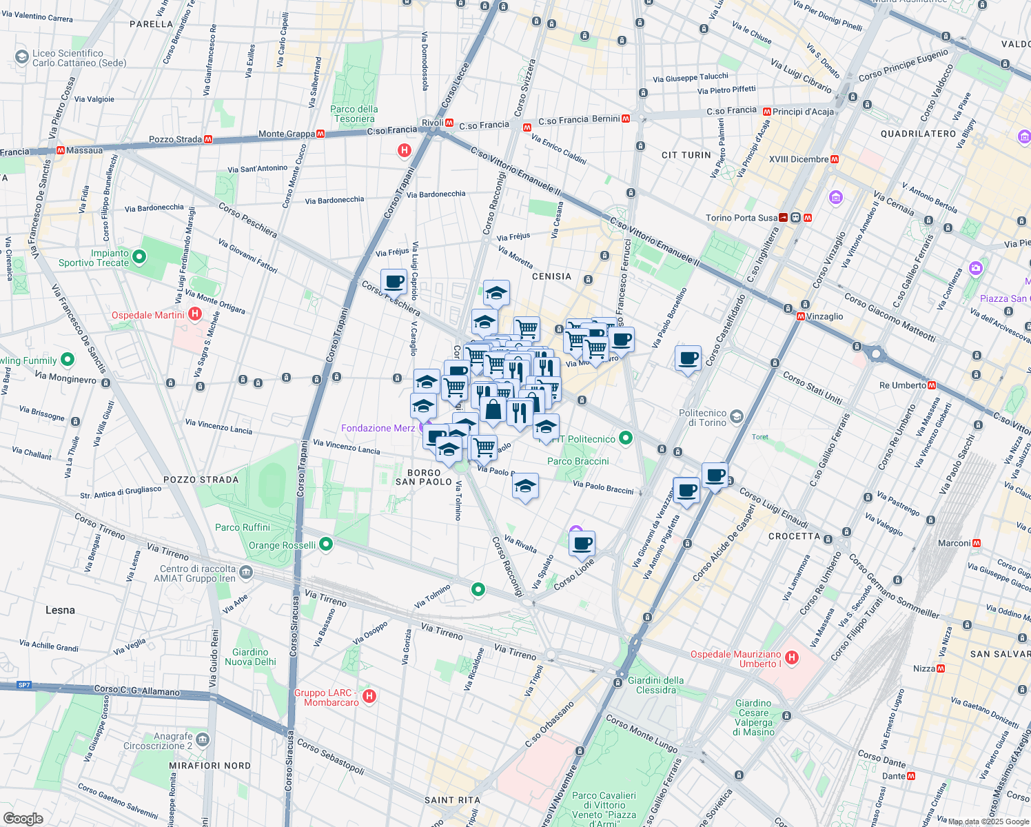 map of restaurants, bars, coffee shops, grocery stores, and more near 11 Via Volvera in Torino