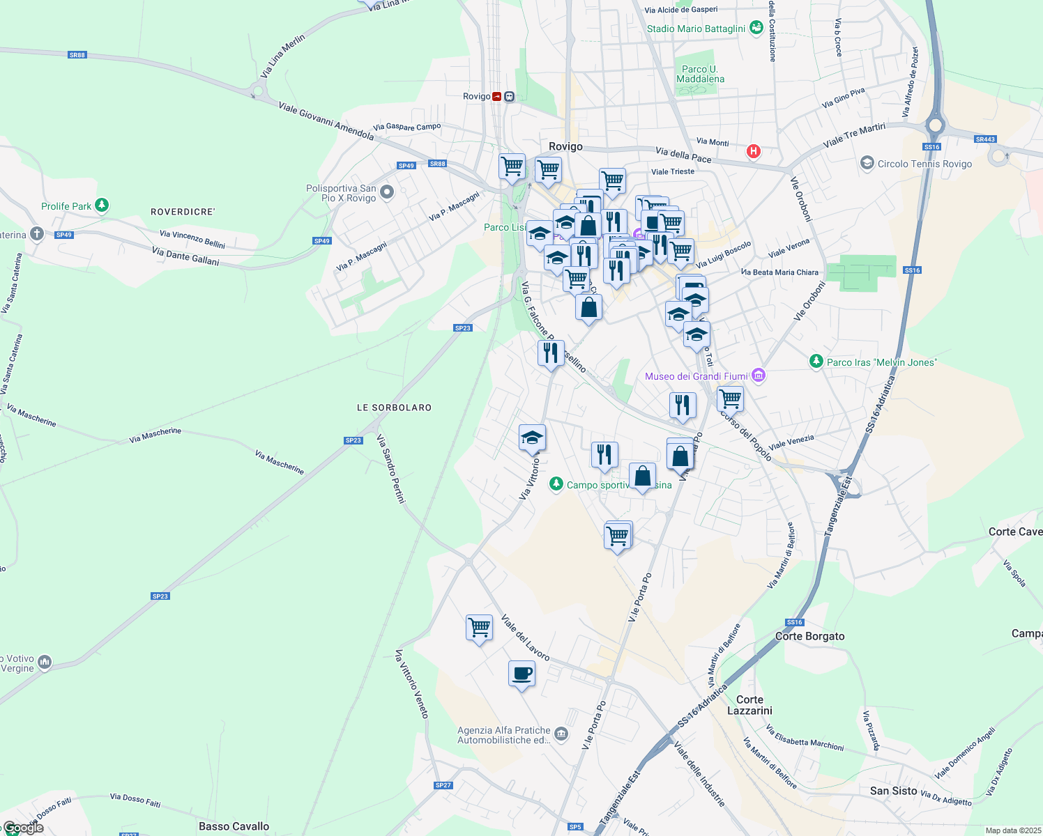 map of restaurants, bars, coffee shops, grocery stores, and more near 14 Via Istria in Rovigo
