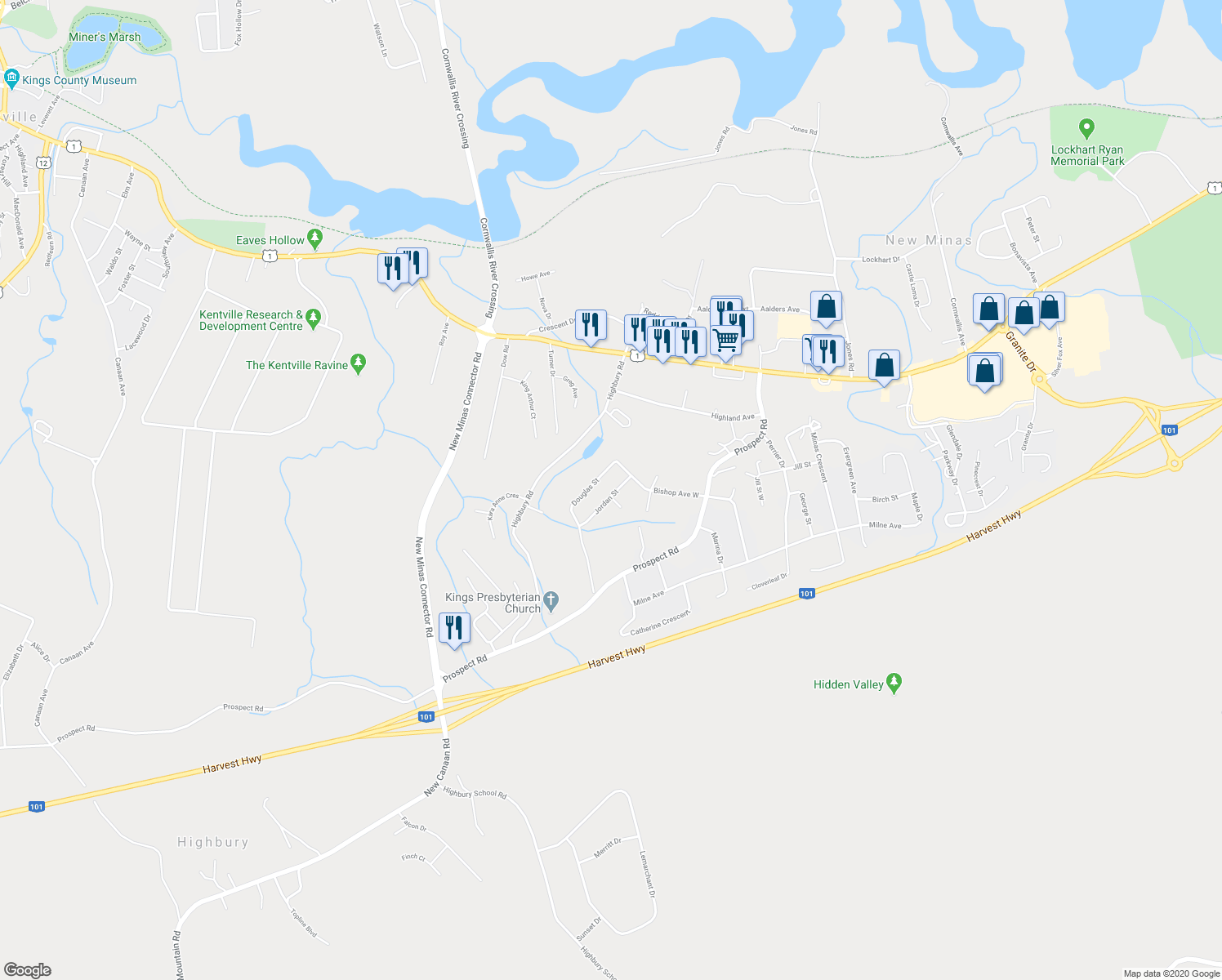 map of restaurants, bars, coffee shops, grocery stores, and more near 18 Jordan Street in New Minas