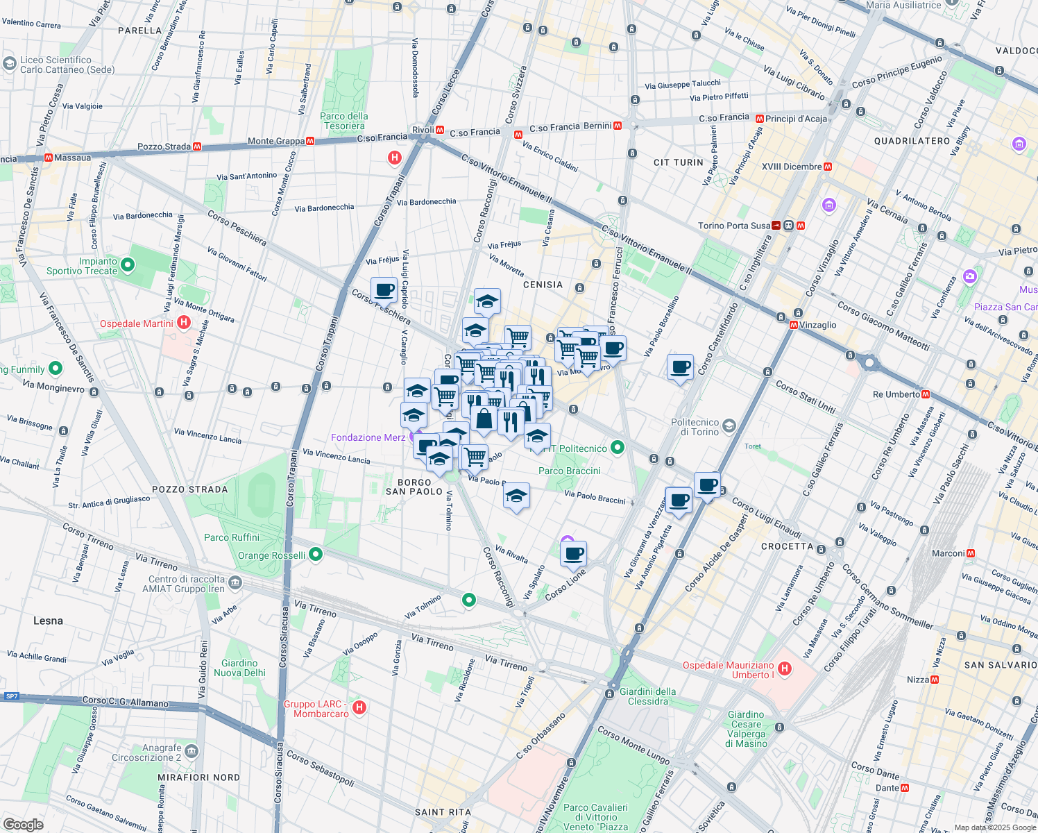 map of restaurants, bars, coffee shops, grocery stores, and more near 11 Via Volvera in Torino