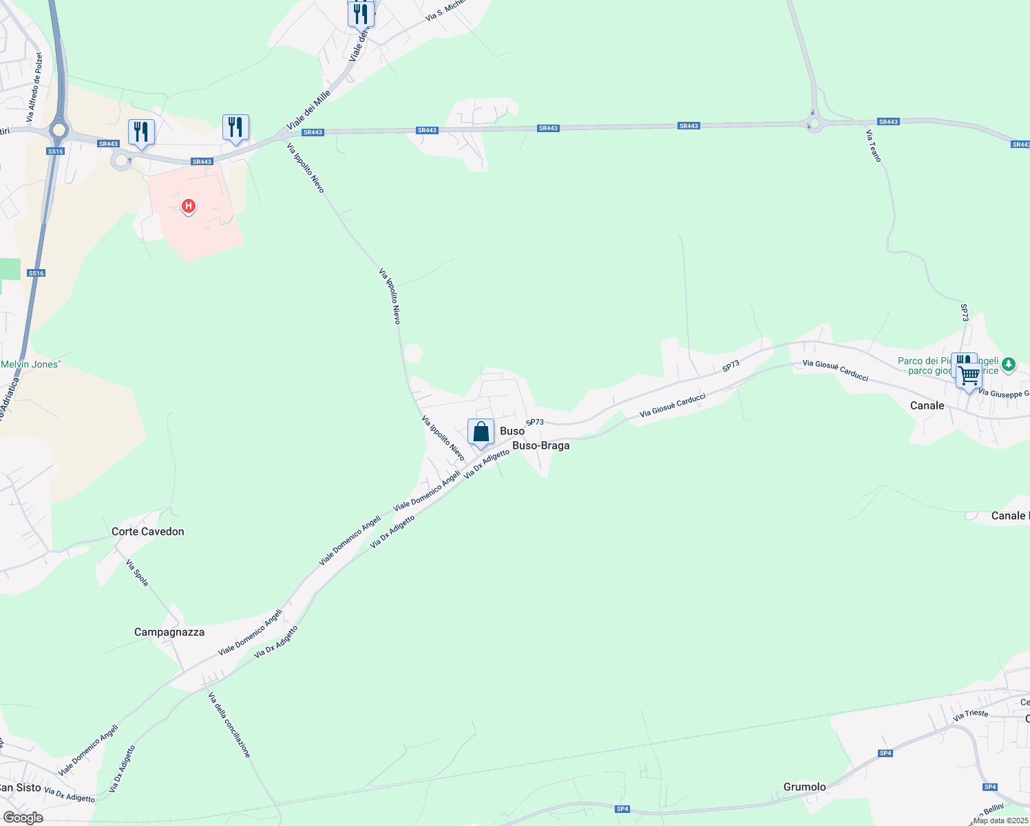 map of restaurants, bars, coffee shops, grocery stores, and more near Via Comboni in Buso