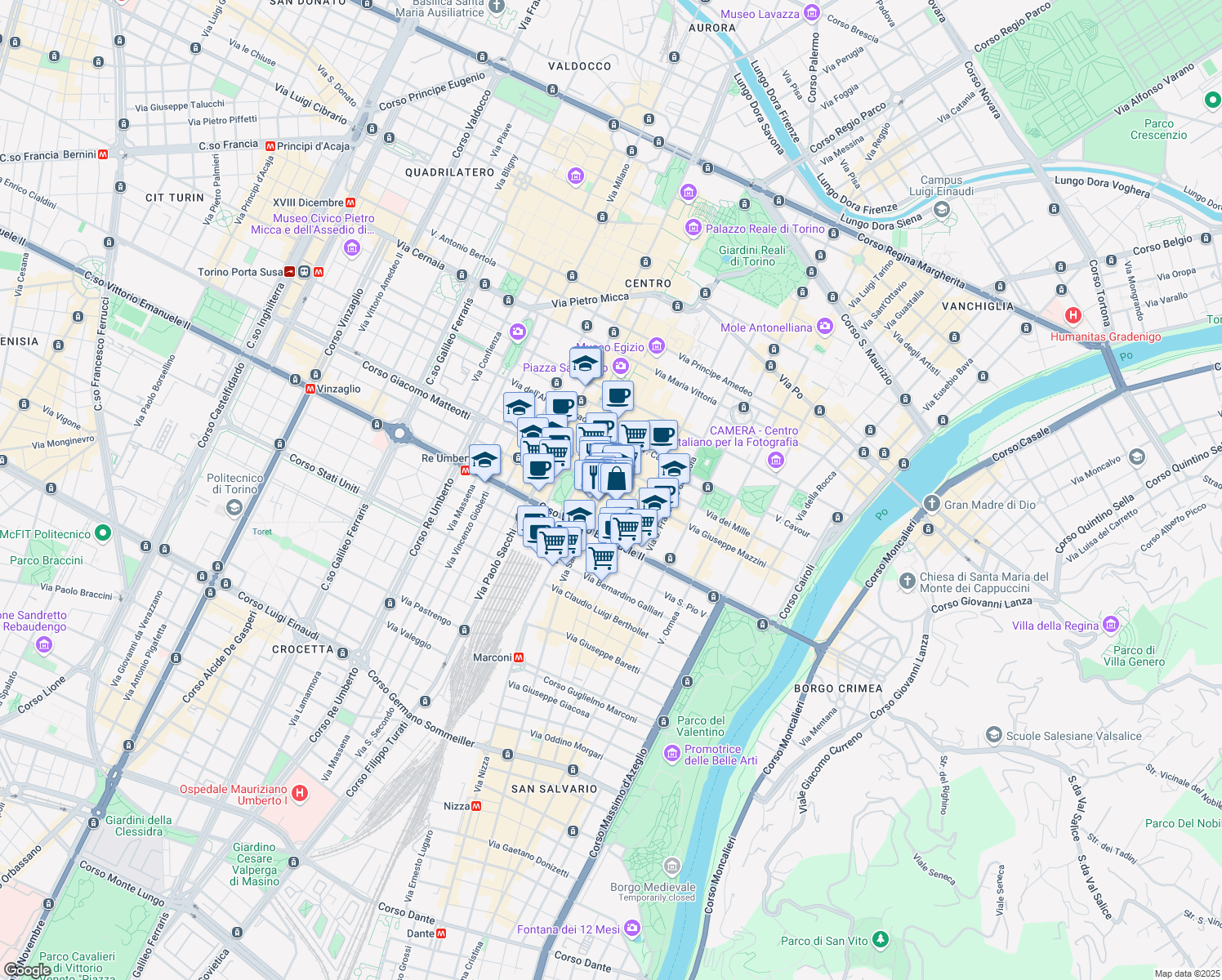 map of restaurants, bars, coffee shops, grocery stores, and more near 5 Via Urbano Rattazzi in Turin