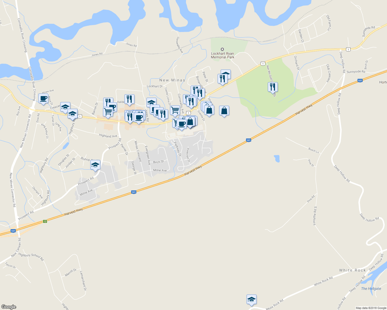 map of restaurants, bars, coffee shops, grocery stores, and more near 104 Maple Leaf Drive in Kings County