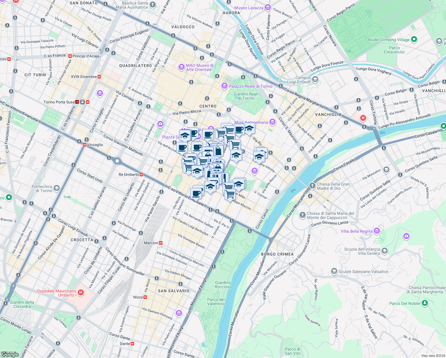 map of restaurants, bars, coffee shops, grocery stores, and more near 28 Via San Francesco da Paola in Torino