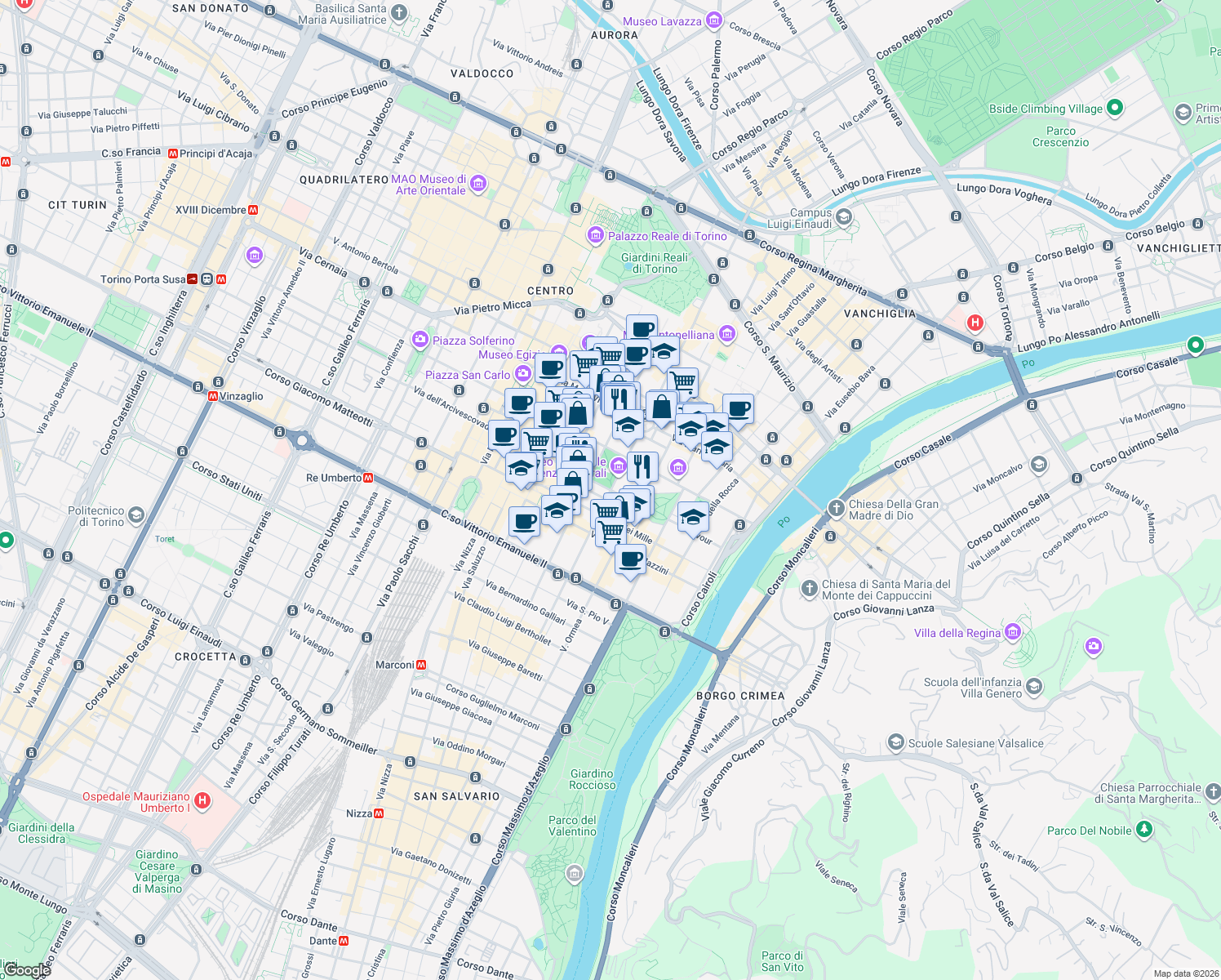 map of restaurants, bars, coffee shops, grocery stores, and more near 30-32 Via Giovanni Giolitti in Torino