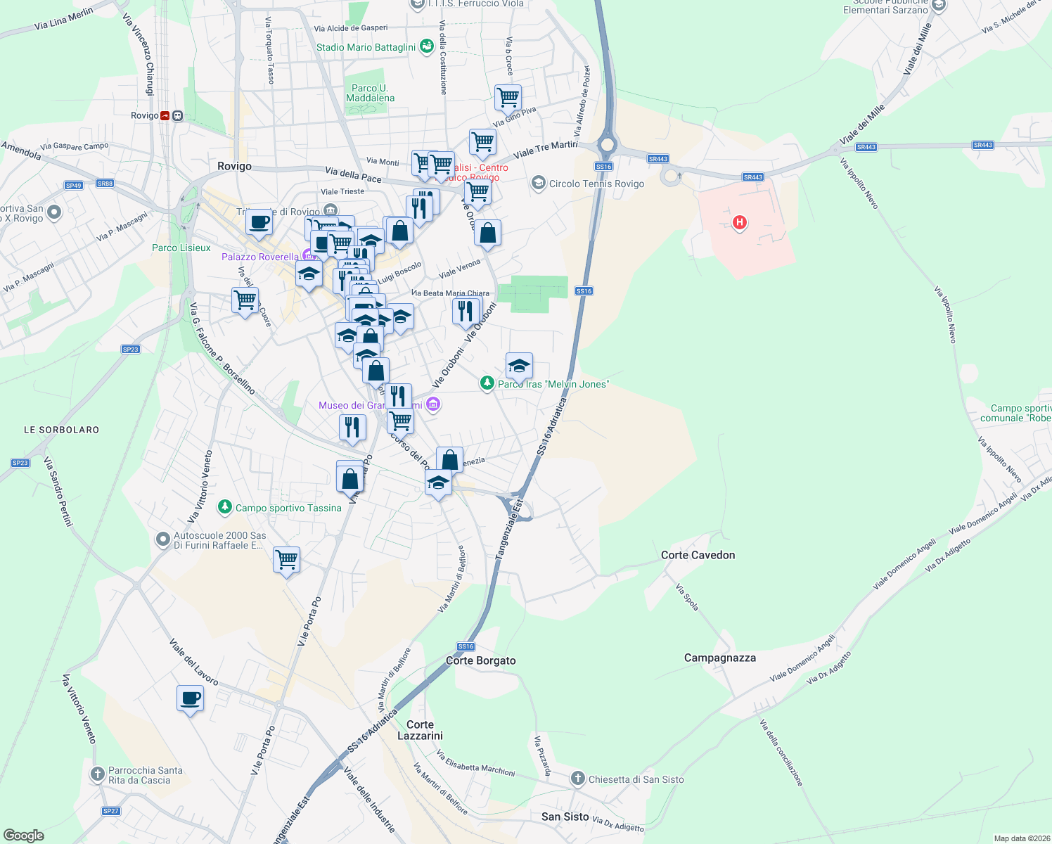 map of restaurants, bars, coffee shops, grocery stores, and more near Via Lionello D'Este in Rovigo