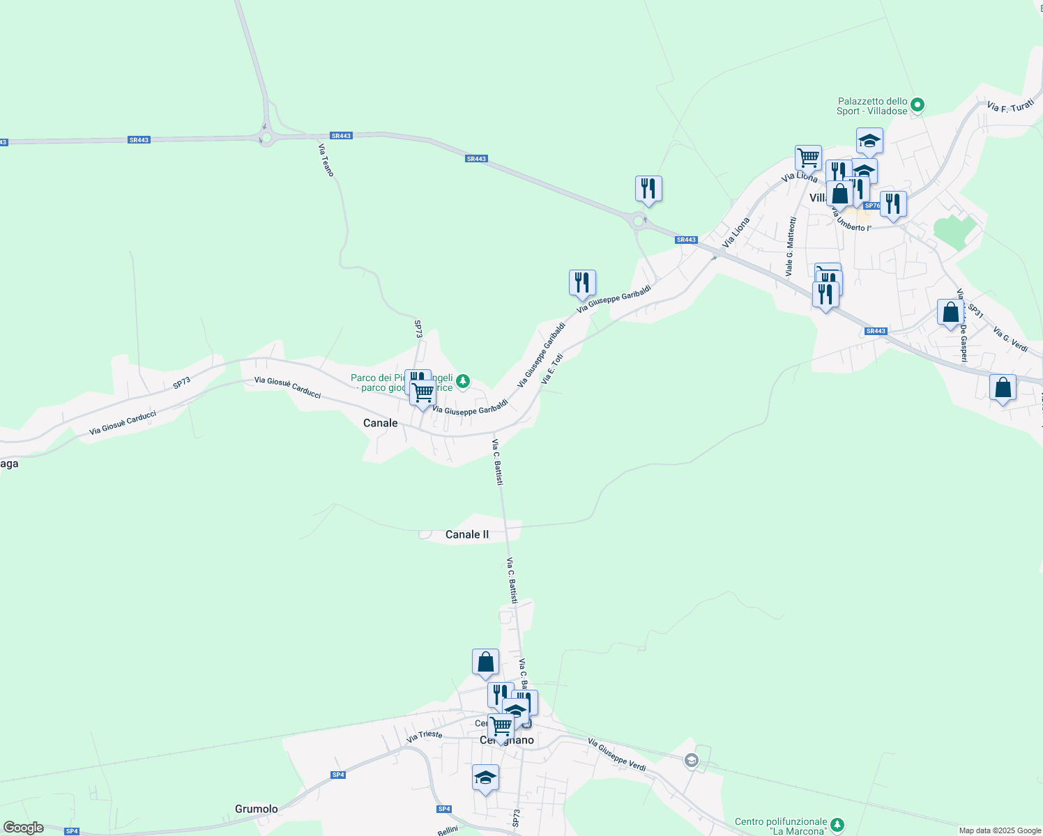 map of restaurants, bars, coffee shops, grocery stores, and more near 180 Via E. Toti in Canale