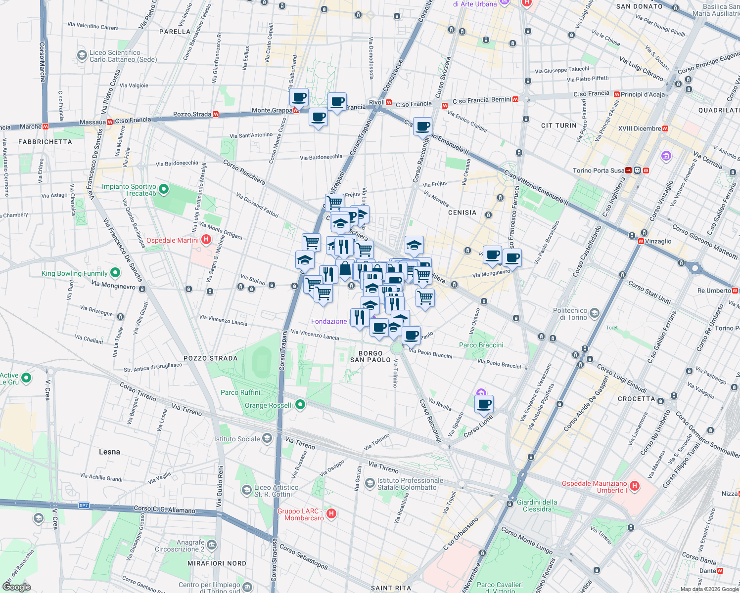 map of restaurants, bars, coffee shops, grocery stores, and more near 76-82 Via Monginevro in Torino