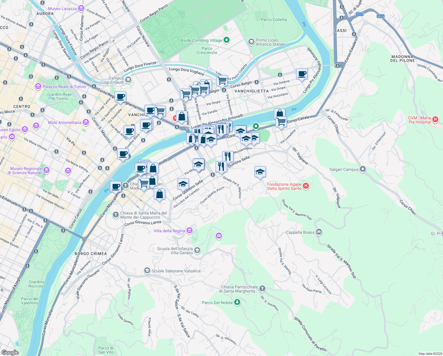 map of restaurants, bars, coffee shops, grocery stores, and more near 4 Strada Val San Martino in Torino