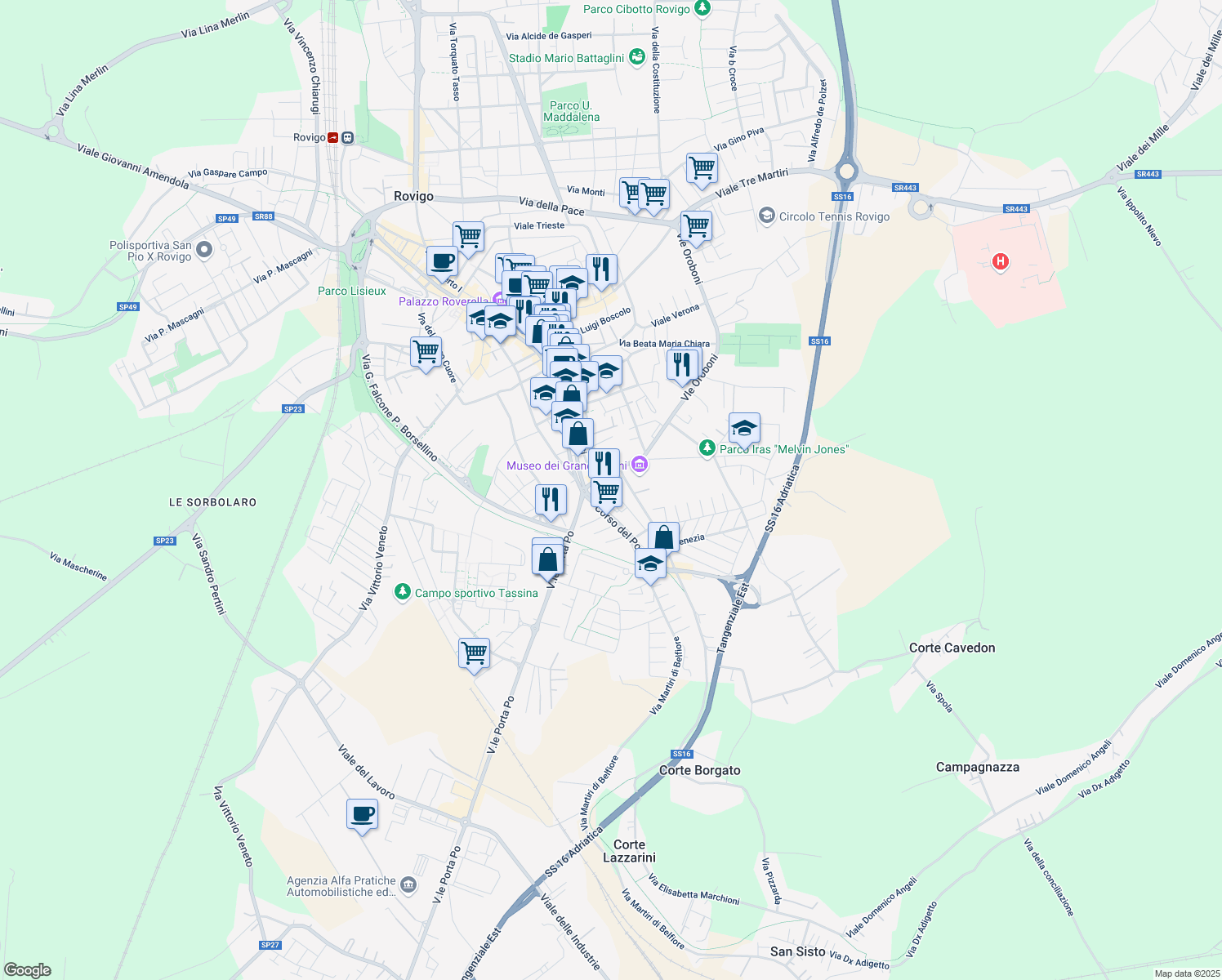 map of restaurants, bars, coffee shops, grocery stores, and more near 4 Via Edmondo de Amicis in Rovigo