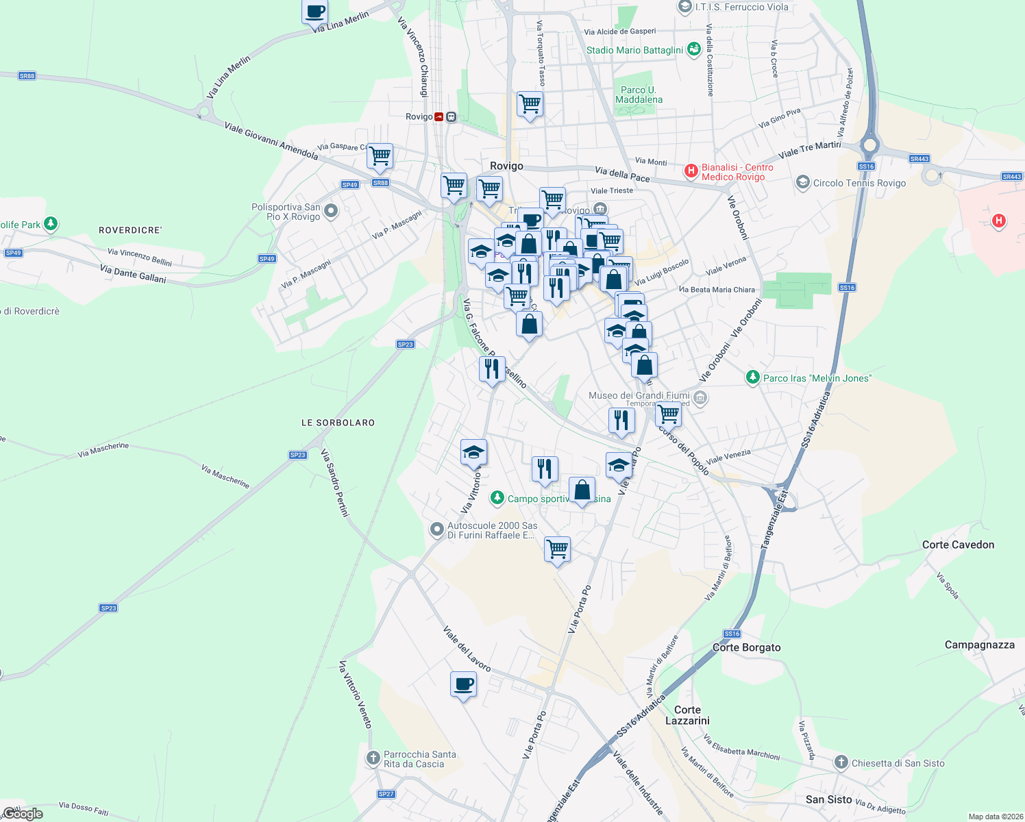 map of restaurants, bars, coffee shops, grocery stores, and more near Via Nevegal in Rovigo