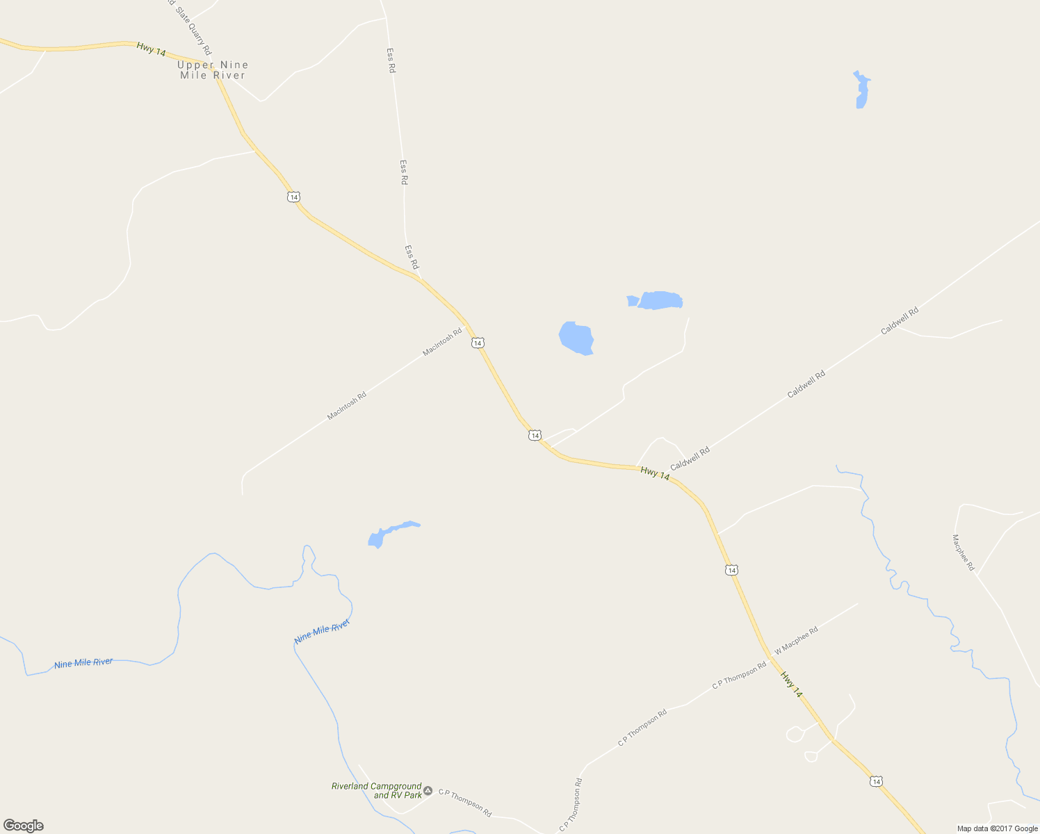 map of restaurants, bars, coffee shops, grocery stores, and more near 5871 Highway 14 in Upper Nine Mile River