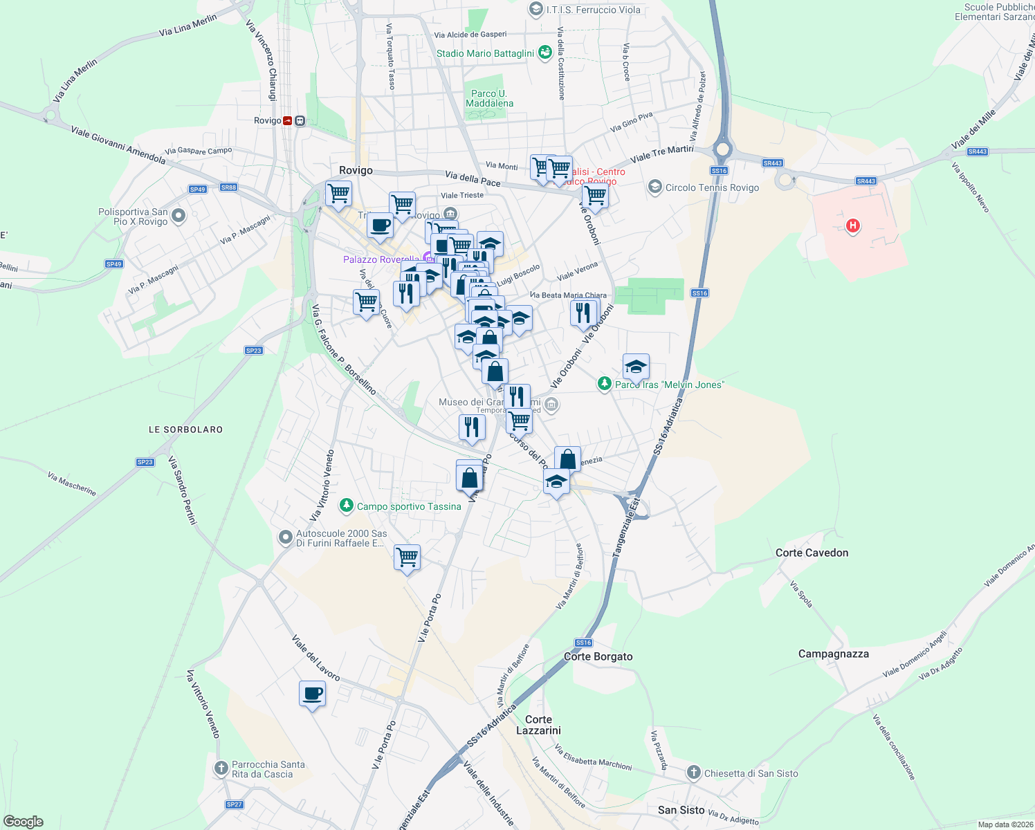 map of restaurants, bars, coffee shops, grocery stores, and more near 9 Piazzetta Tenente San Appiotti in Rovigo