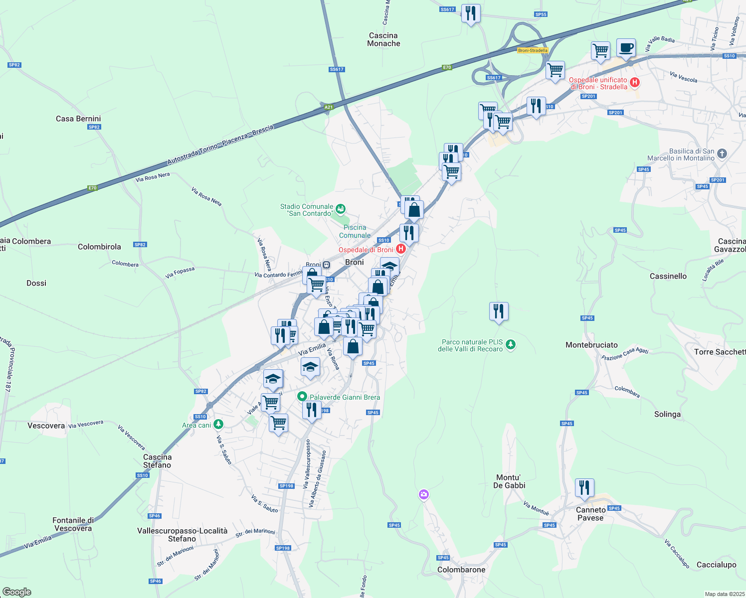 map of restaurants, bars, coffee shops, grocery stores, and more near 18 Via Alessandro Volta in Broni