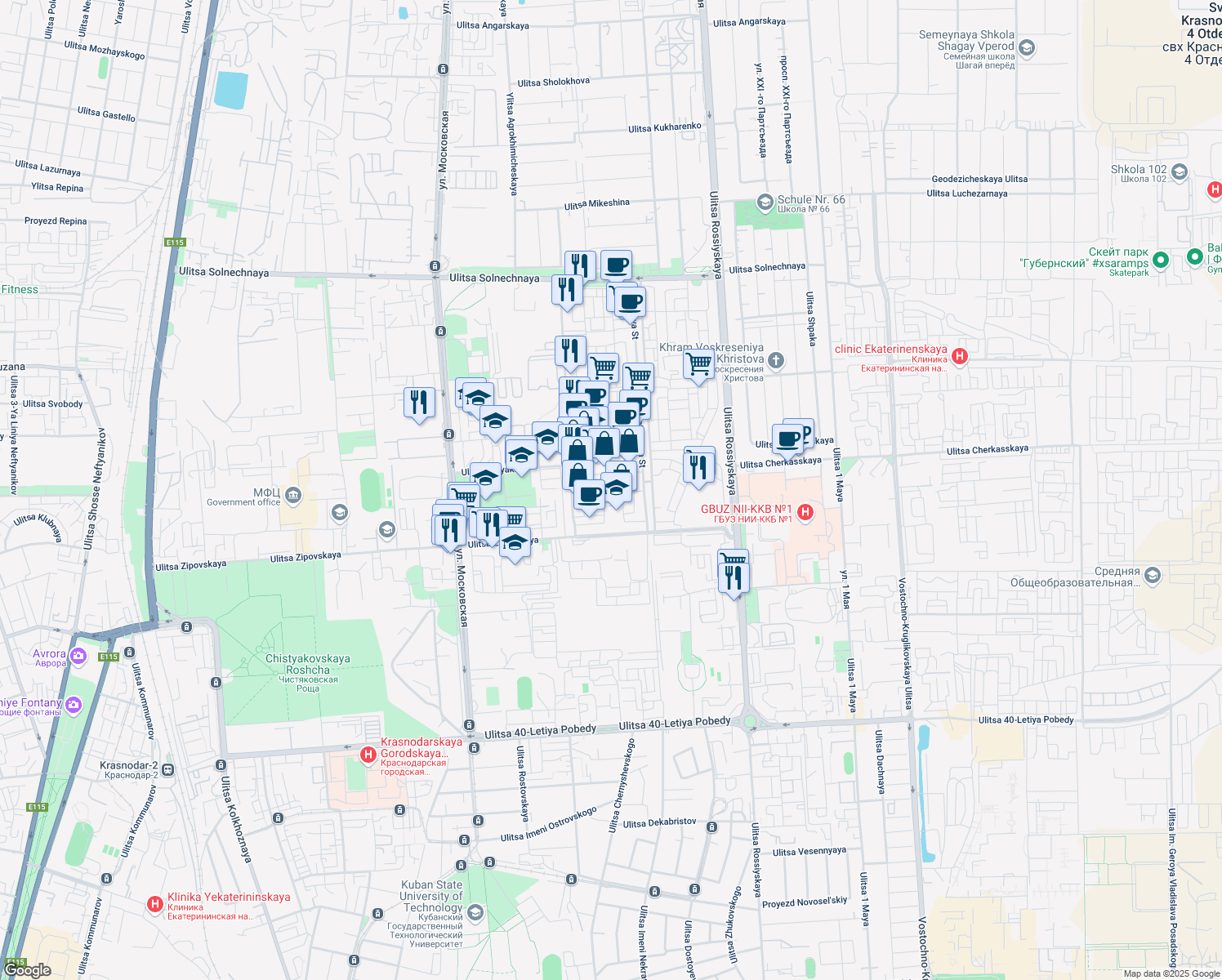 map of restaurants, bars, coffee shops, grocery stores, and more near in Krasnodar