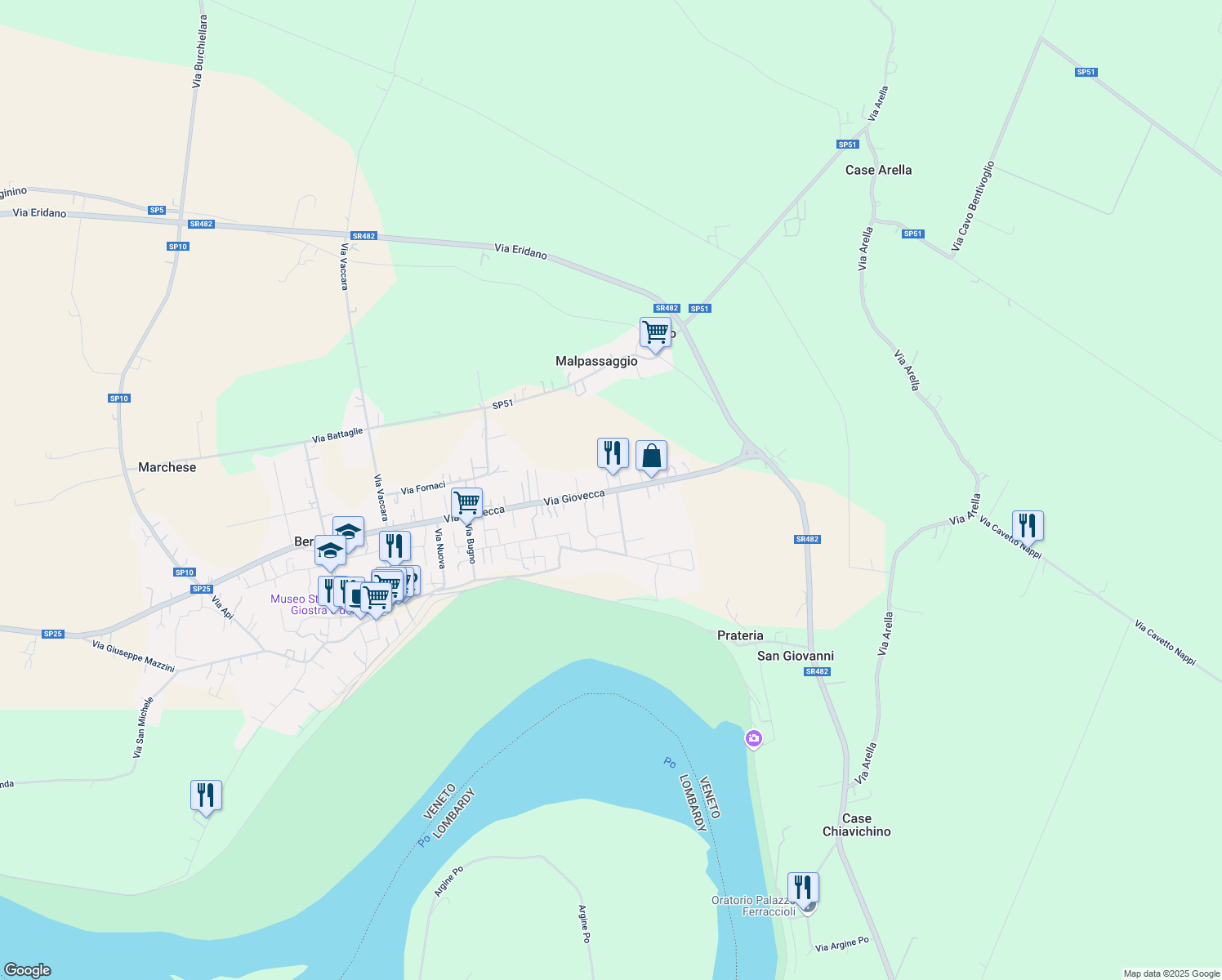 map of restaurants, bars, coffee shops, grocery stores, and more near 934 Via Eridano in Bergantino