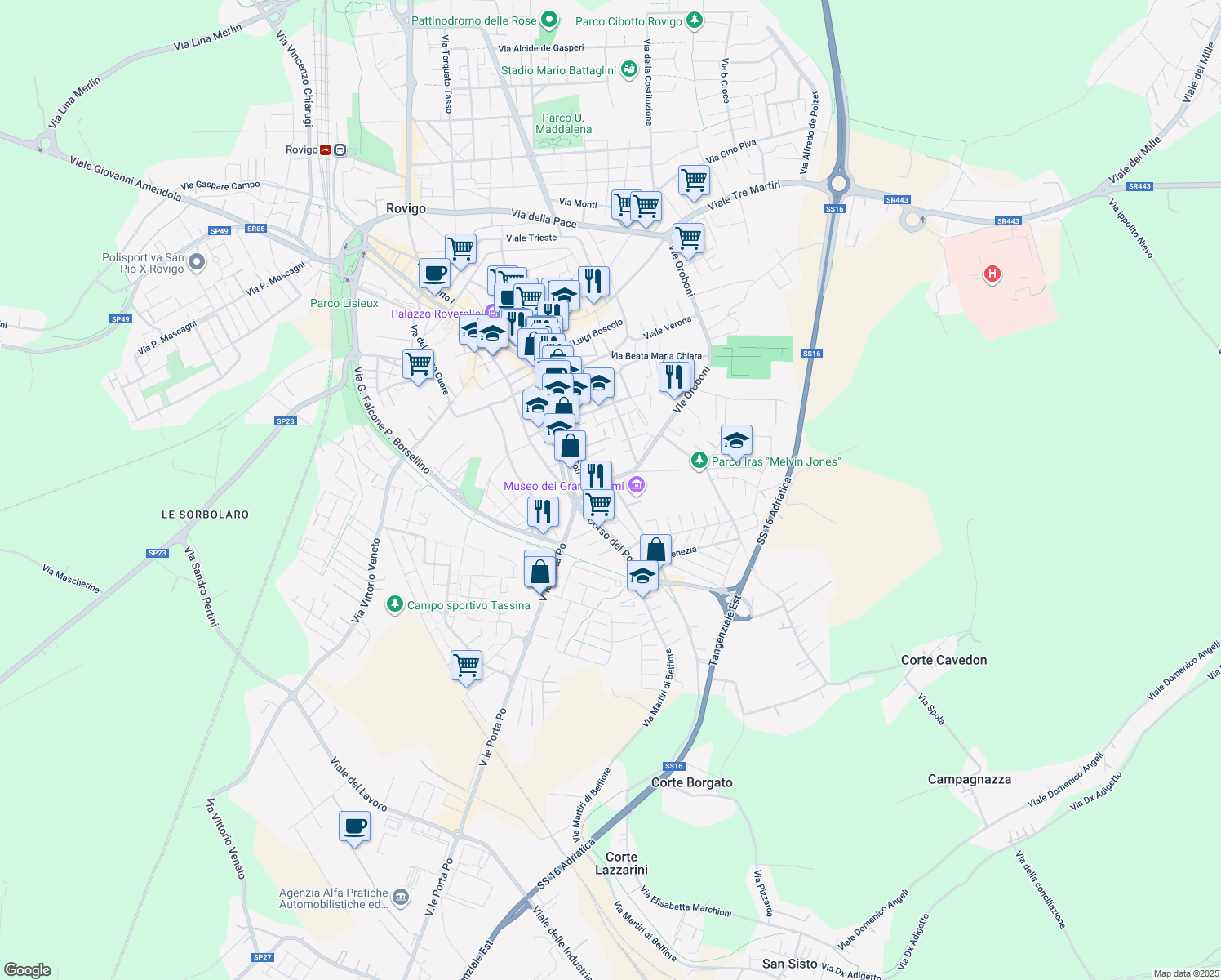 map of restaurants, bars, coffee shops, grocery stores, and more near 20 Piazza San Bartolomeo in Rovigo