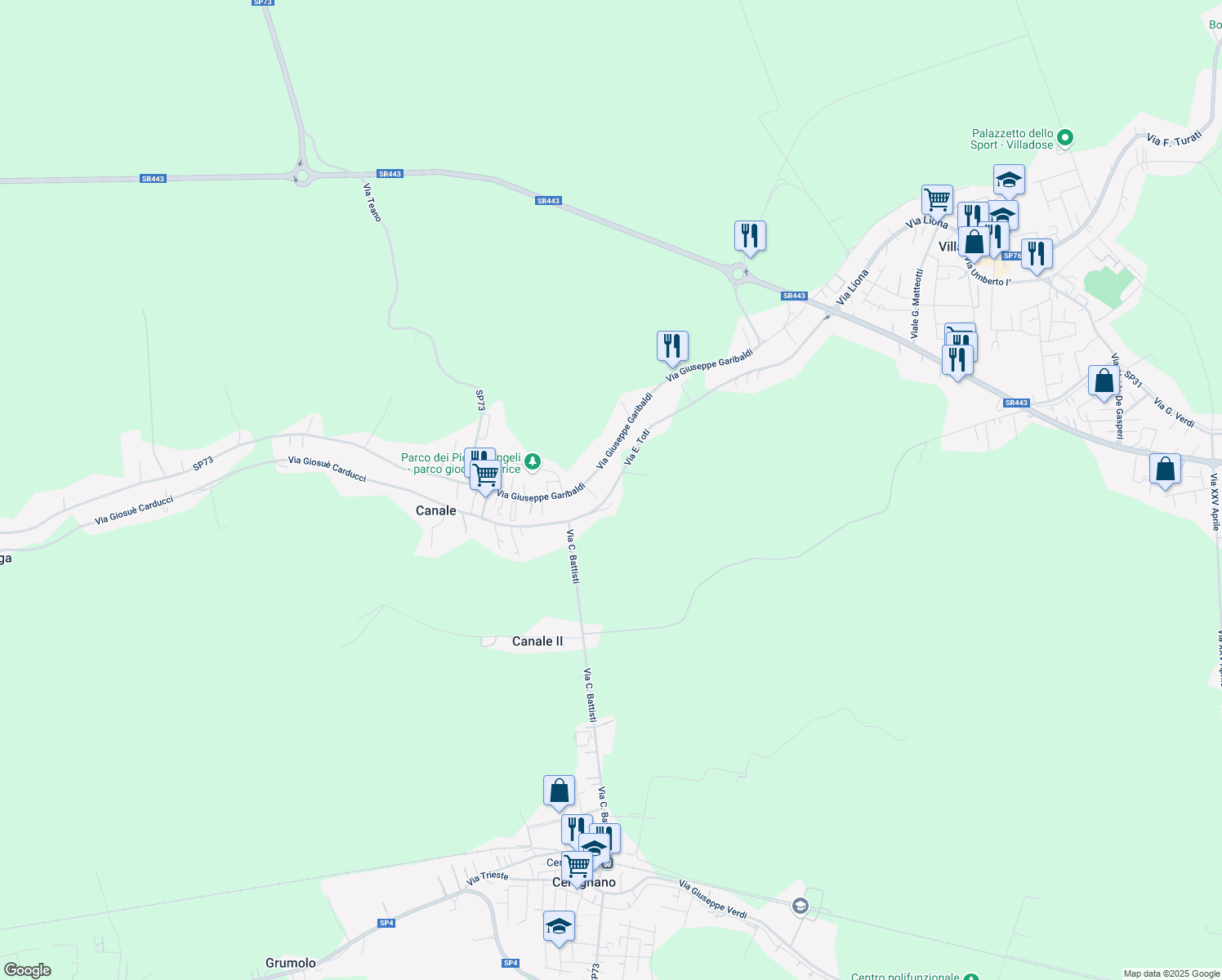 map of restaurants, bars, coffee shops, grocery stores, and more near 180 Via E. Toti in Canale