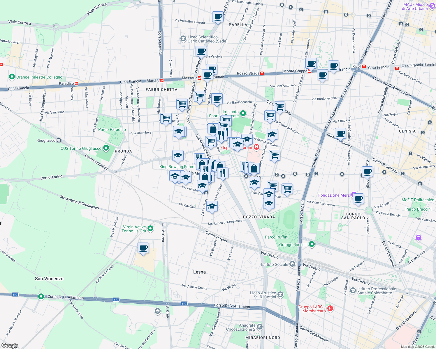 map of restaurants, bars, coffee shops, grocery stores, and more near 136-138 Via Francesco De Sanctis in Torino