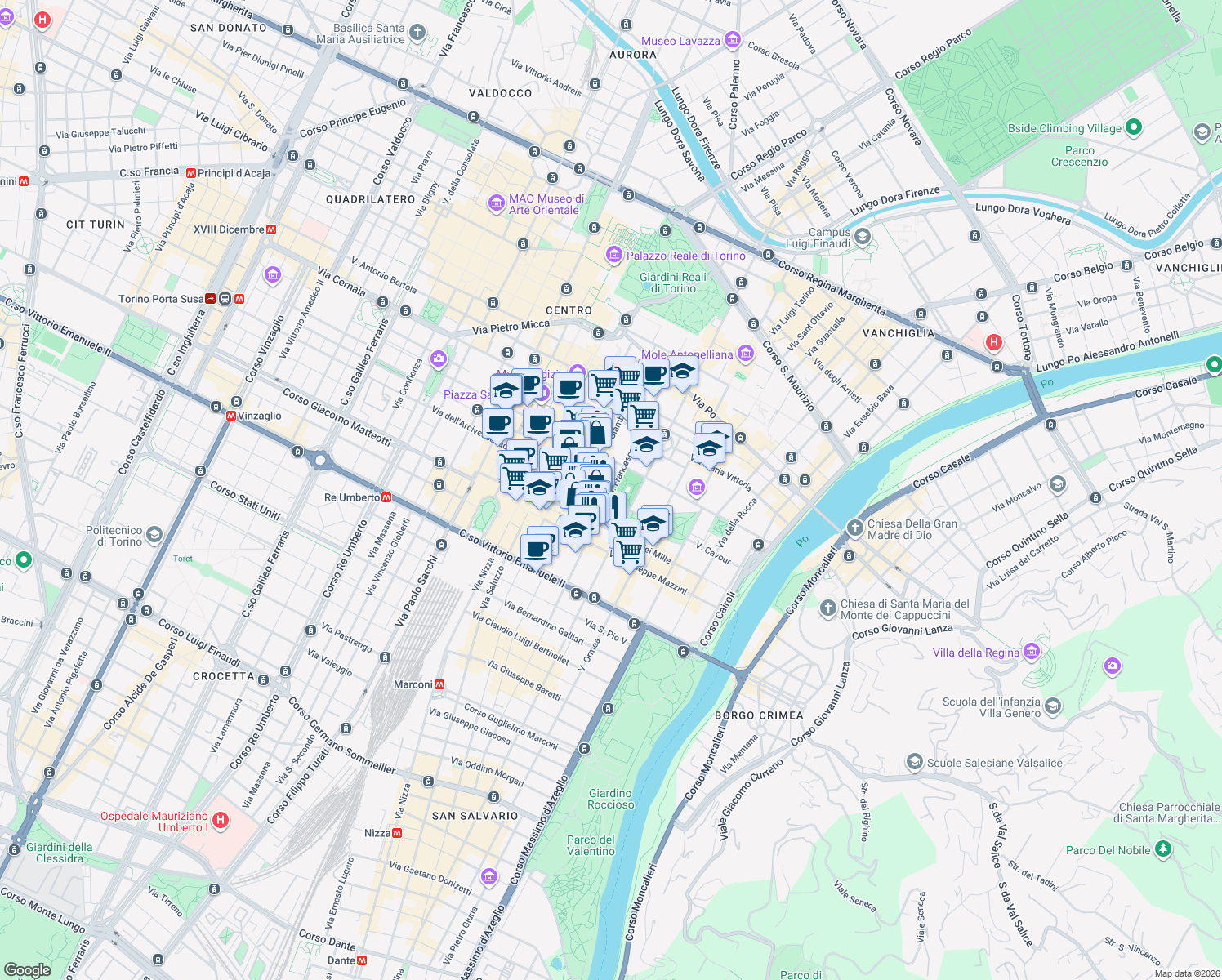 map of restaurants, bars, coffee shops, grocery stores, and more near 28 Via San Francesco da Paola in Torino