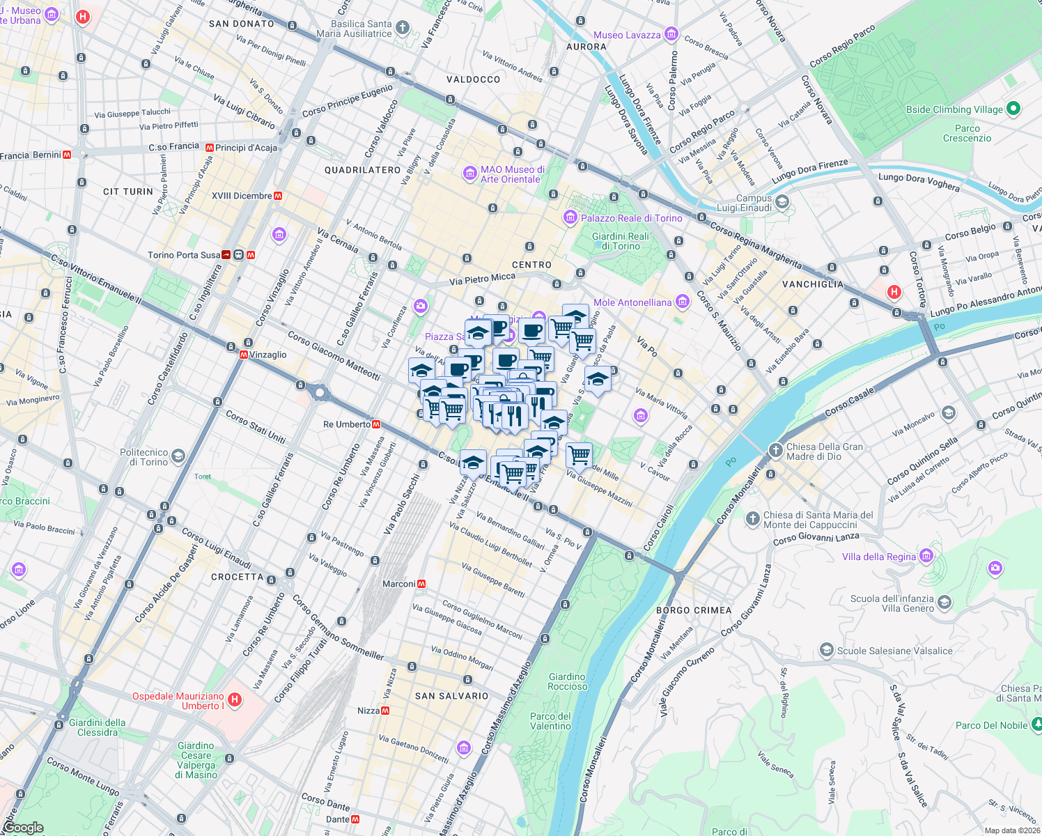 map of restaurants, bars, coffee shops, grocery stores, and more near 28 Via Carlo Alberto in Turin