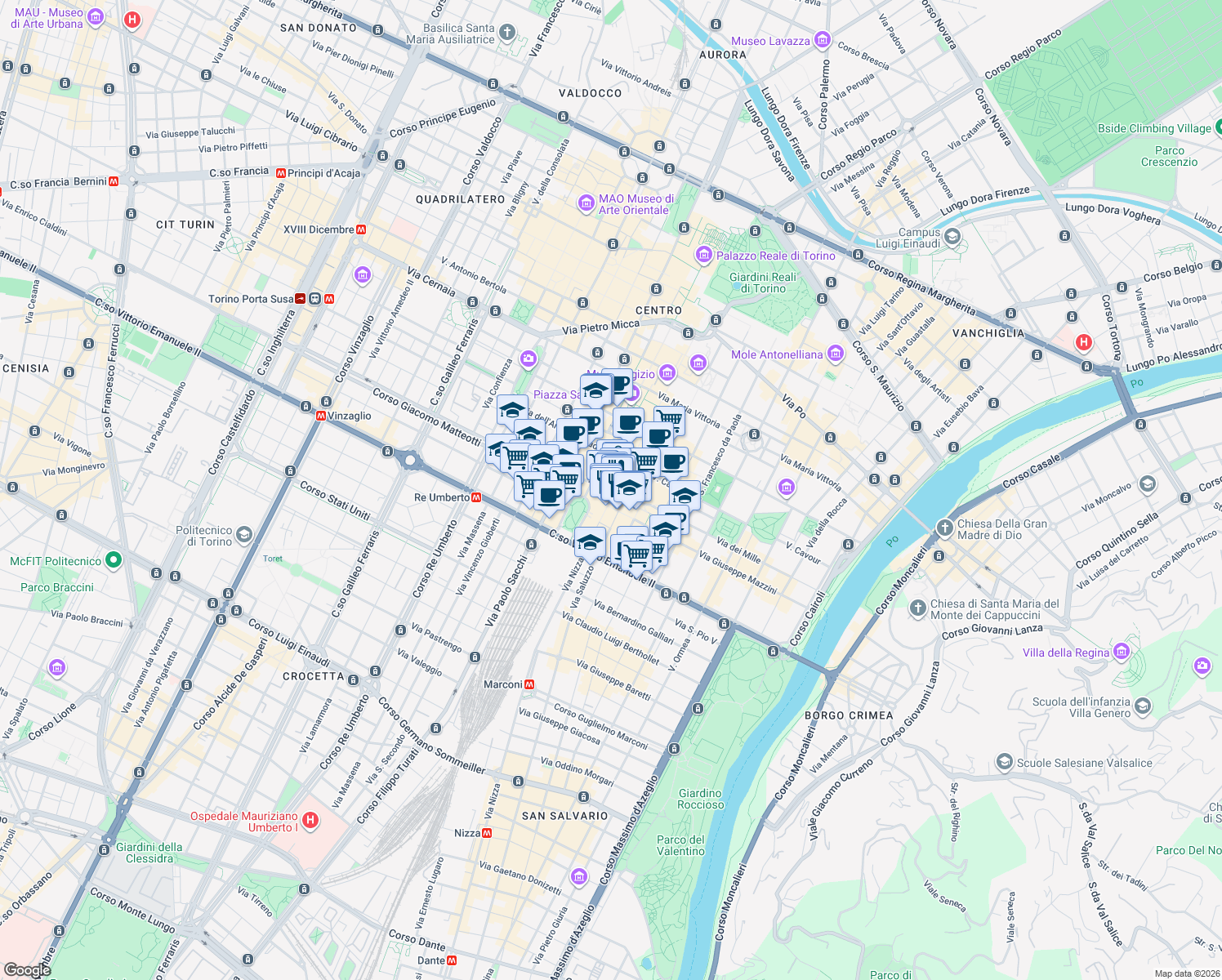 map of restaurants, bars, coffee shops, grocery stores, and more near 10 Via Piero Gobetti in Turin