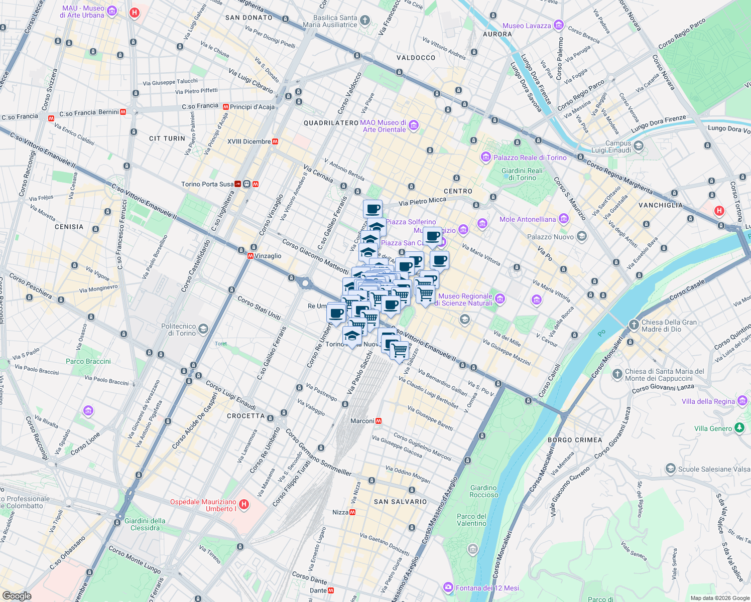 map of restaurants, bars, coffee shops, grocery stores, and more near 38 Via dell'Arsenale in Torino
