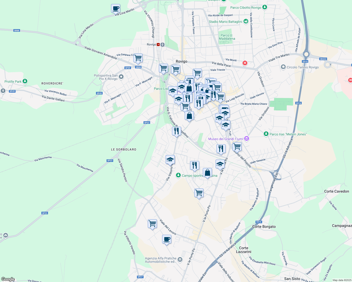 map of restaurants, bars, coffee shops, grocery stores, and more near 18 Via Vittorio Veneto in Rovigo