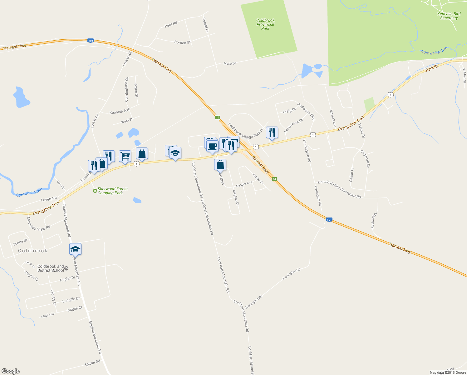 map of restaurants, bars, coffee shops, grocery stores, and more near 1518 Meghan Drive in Coldbrook