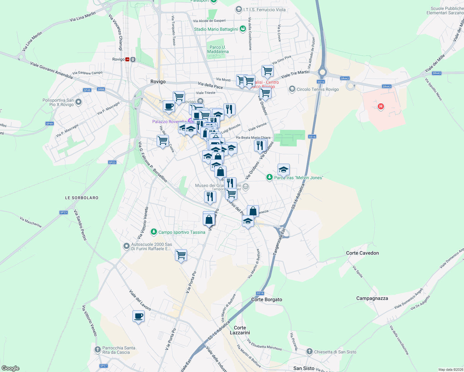 map of restaurants, bars, coffee shops, grocery stores, and more near 20 Piazza San Bartolomeo in Rovigo