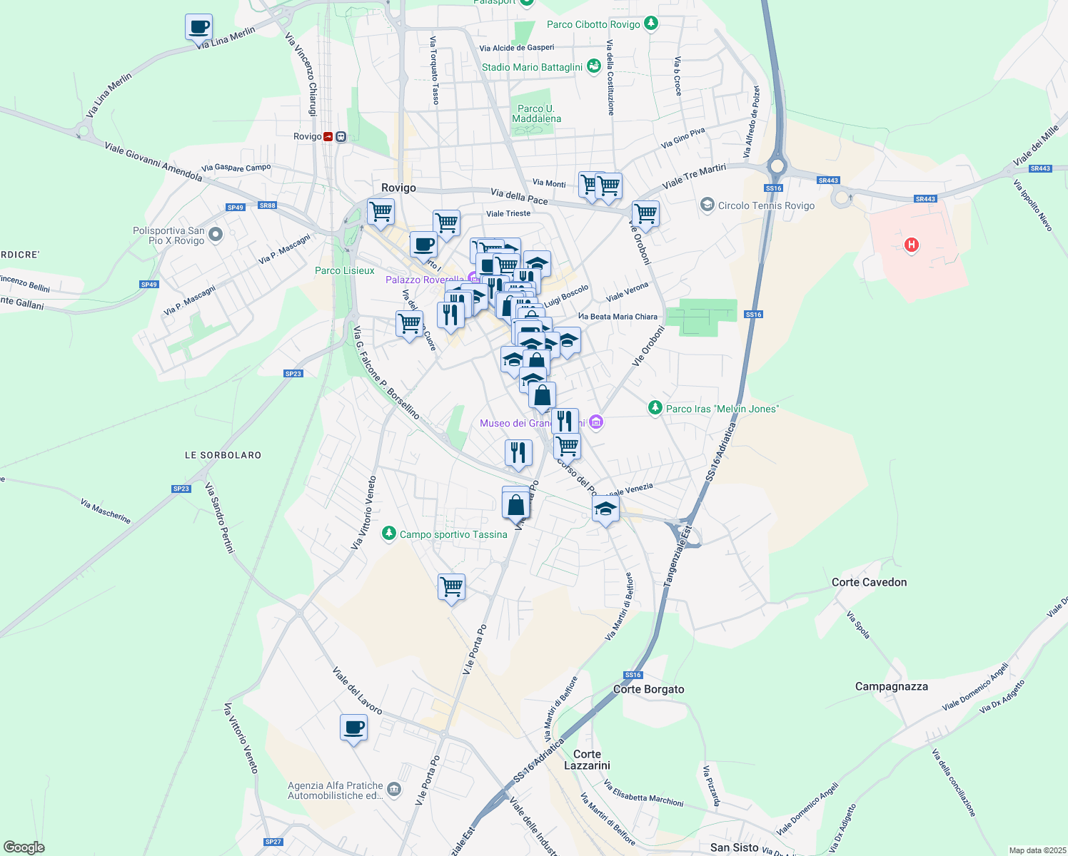 map of restaurants, bars, coffee shops, grocery stores, and more near 76 Via Giacomo Sichirollo in Rovigo