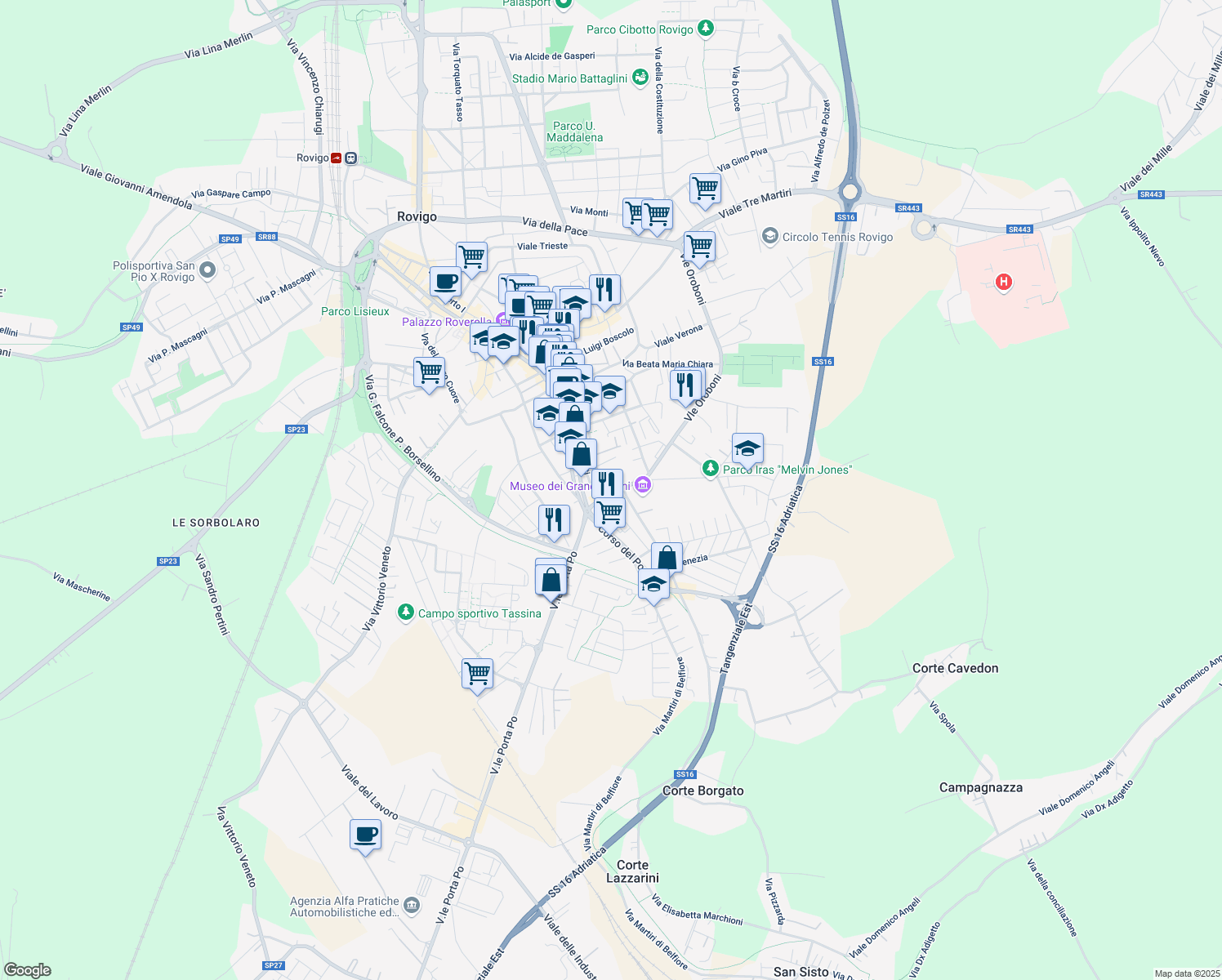 map of restaurants, bars, coffee shops, grocery stores, and more near 4 Via Edmondo de Amicis in Rovigo