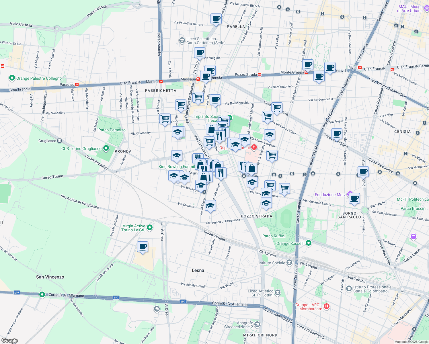 map of restaurants, bars, coffee shops, grocery stores, and more near 138 Via Francesco De Sanctis in Torino