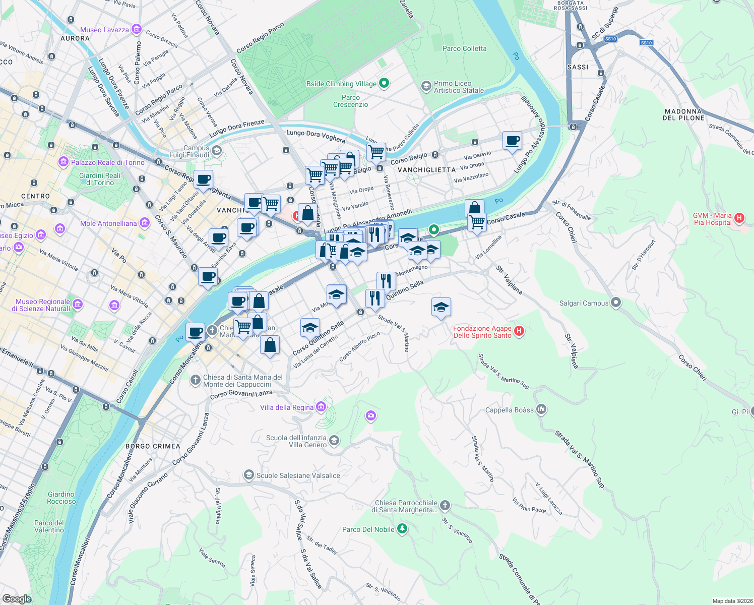 map of restaurants, bars, coffee shops, grocery stores, and more near 4 Strada Comunale Val San Martino in Torino