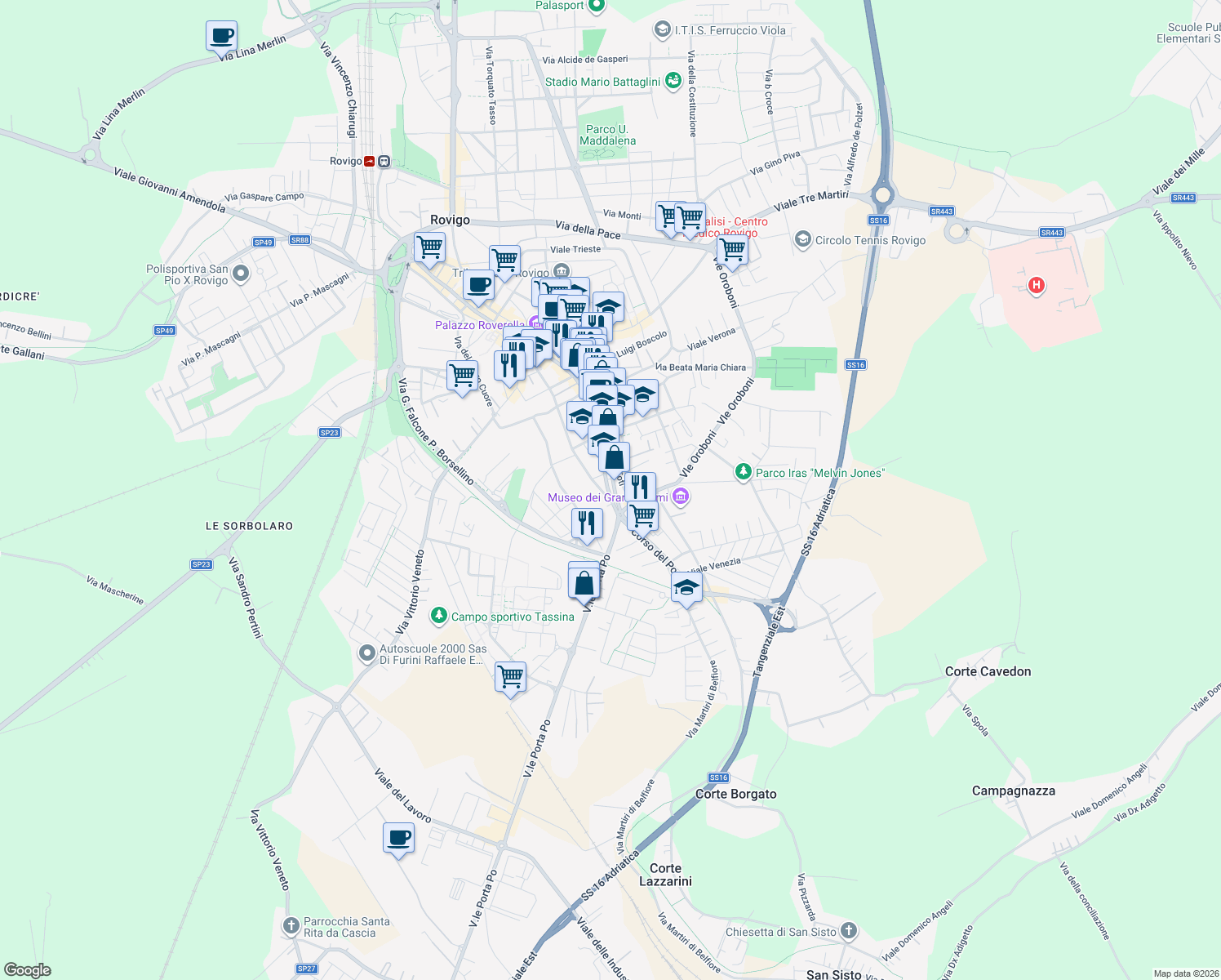map of restaurants, bars, coffee shops, grocery stores, and more near 76 Via Giacomo Sichirollo in Rovigo