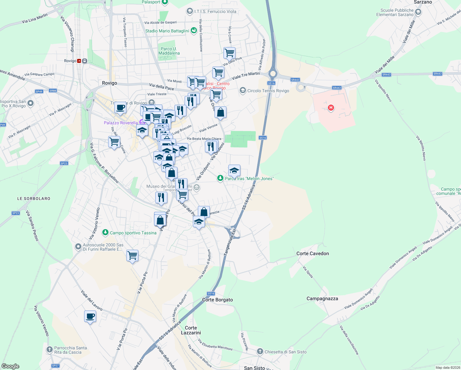 map of restaurants, bars, coffee shops, grocery stores, and more near Via Lionello D'Este in Rovigo