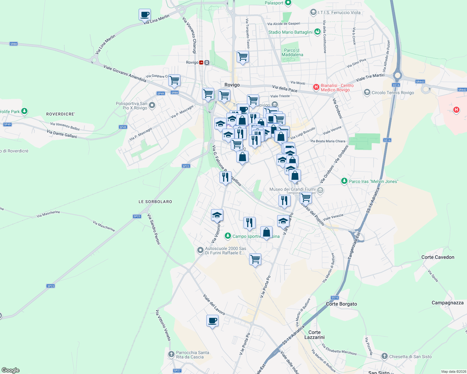 map of restaurants, bars, coffee shops, grocery stores, and more near Via Nevegal in Rovigo