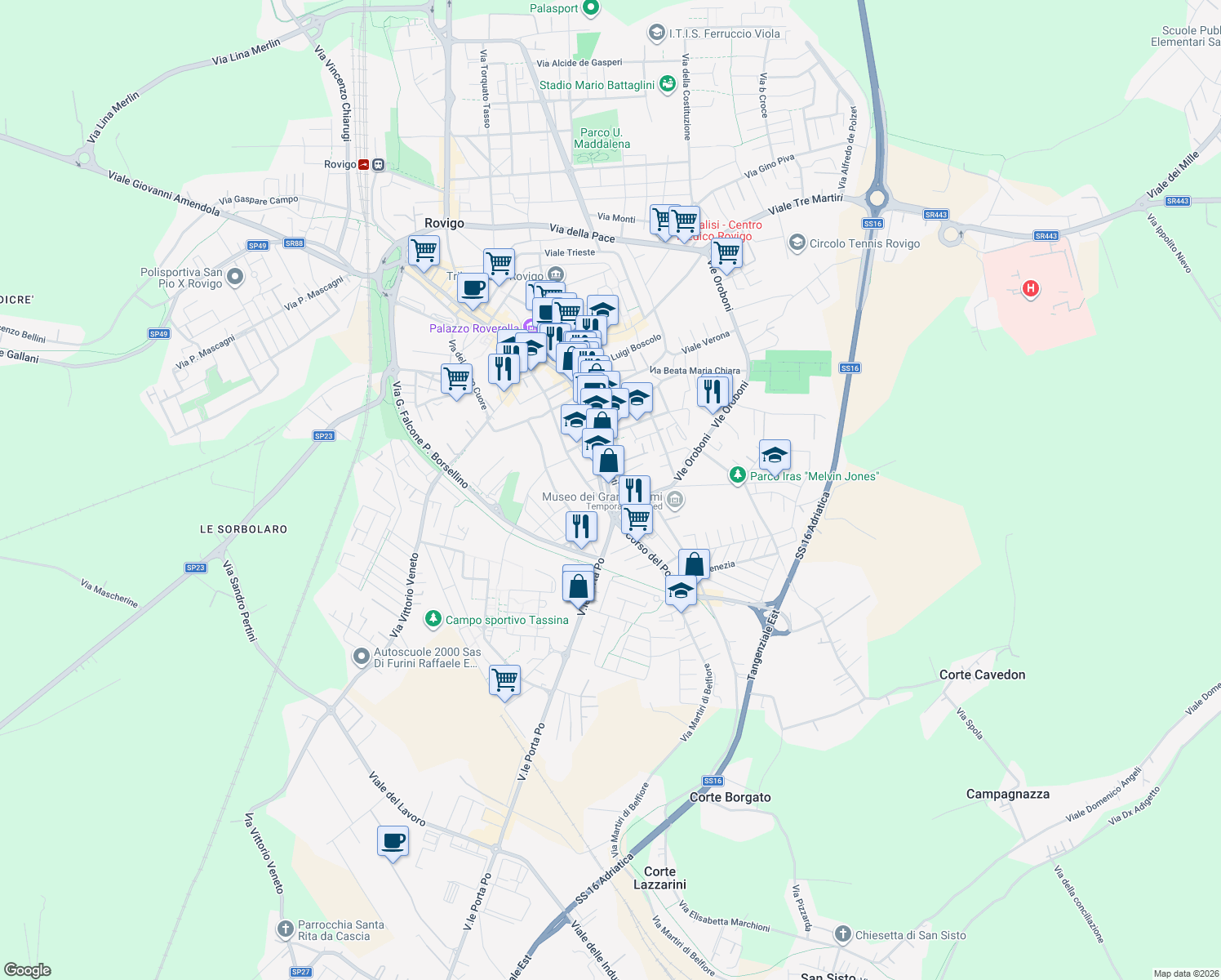map of restaurants, bars, coffee shops, grocery stores, and more near 9 Piazzetta Tenente San Appiotti in Rovigo