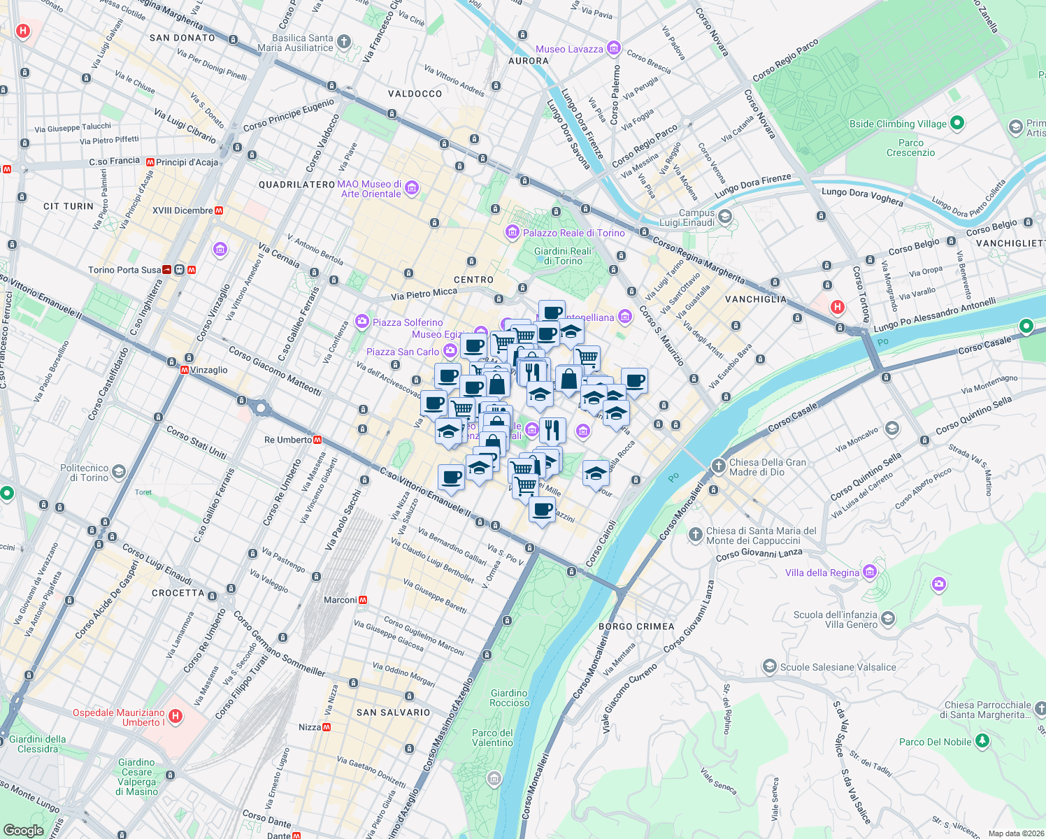 map of restaurants, bars, coffee shops, grocery stores, and more near 32/C Via Giovanni Giolitti in Torino