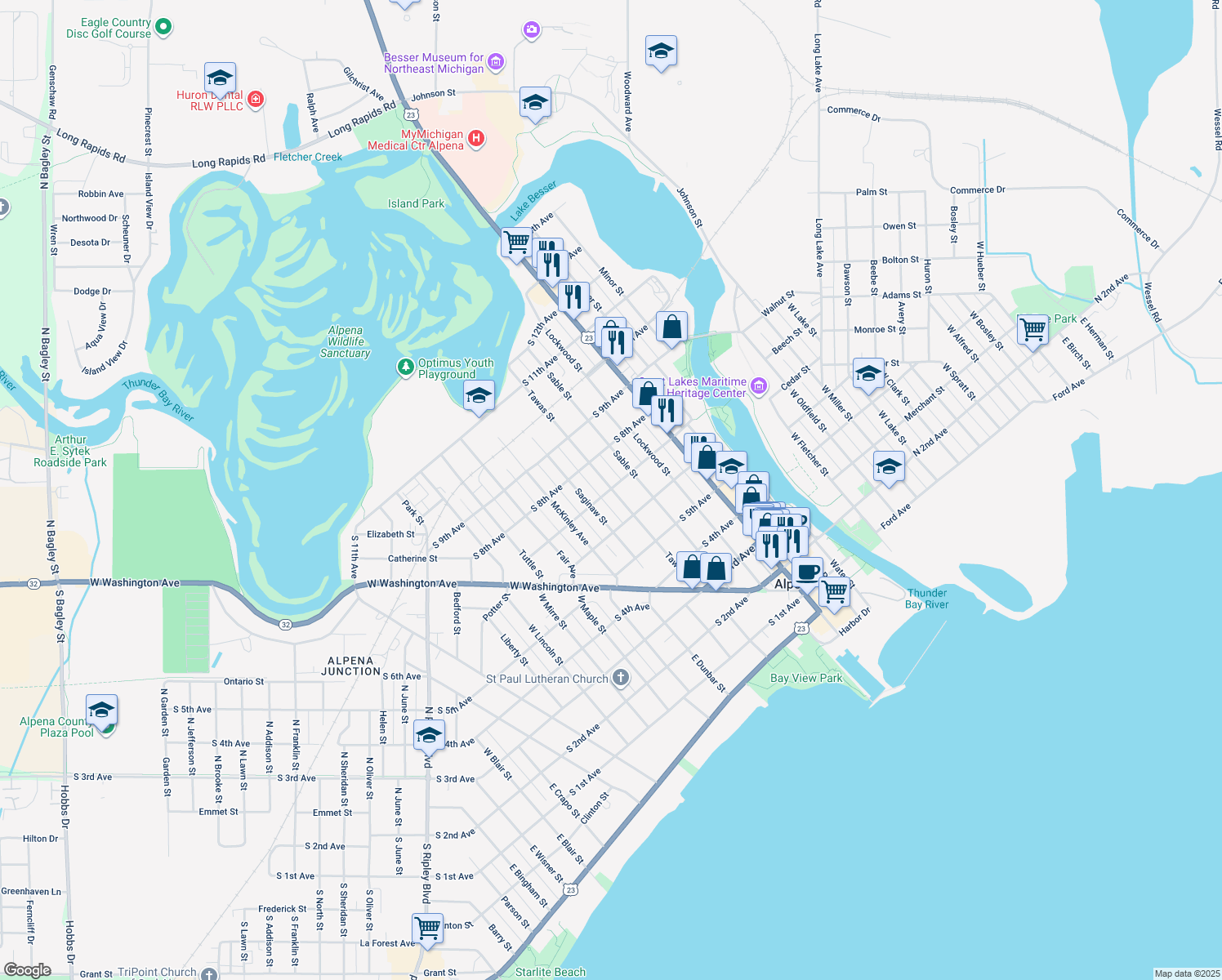 map of restaurants, bars, coffee shops, grocery stores, and more near 400 South 7th Avenue in Alpena