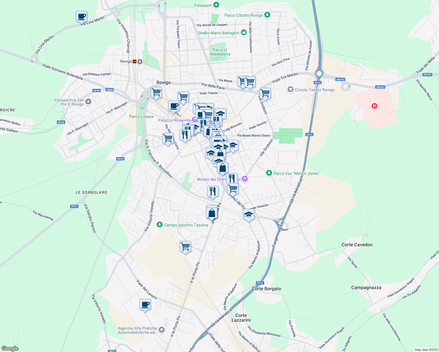 map of restaurants, bars, coffee shops, grocery stores, and more near 76 Via Giacomo Sichirollo in Rovigo