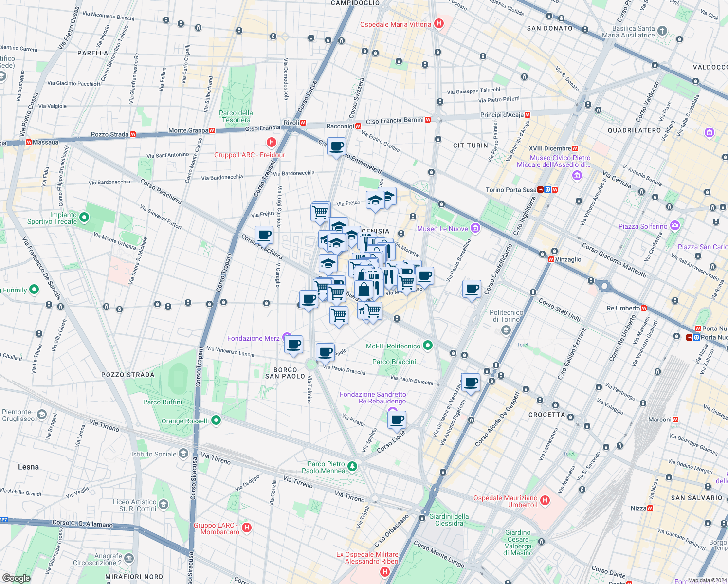 map of restaurants, bars, coffee shops, grocery stores, and more near 81 Via Dante Di Nanni in Torino