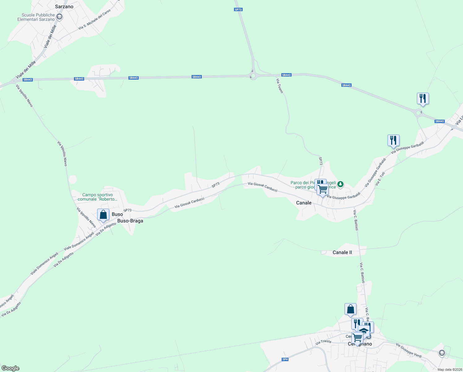 map of restaurants, bars, coffee shops, grocery stores, and more near 27 Via Passetto in Buso Borella