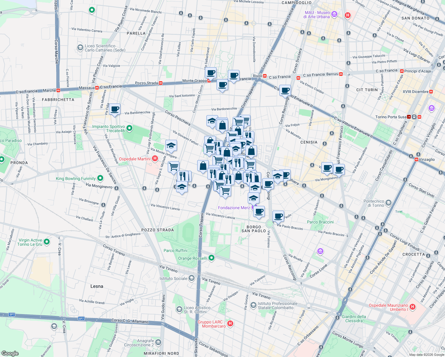 map of restaurants, bars, coffee shops, grocery stores, and more near 30-32 Via Orsiera in Turin