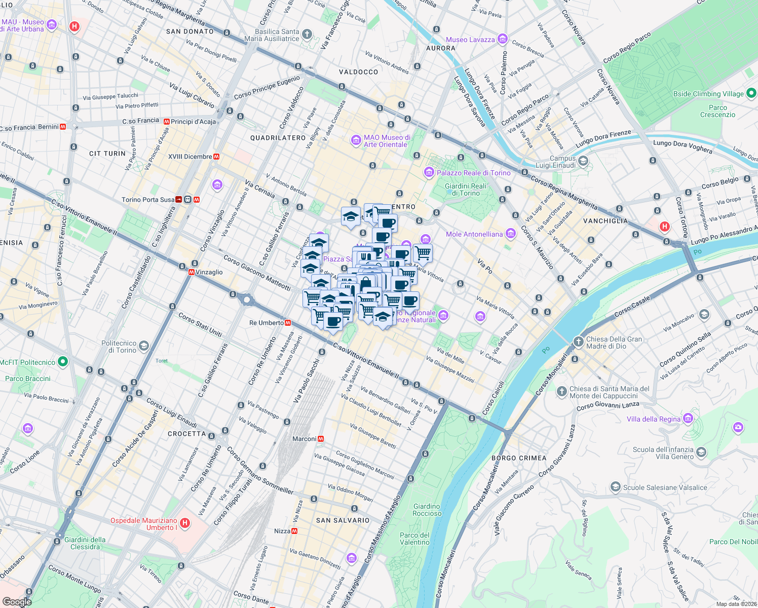 map of restaurants, bars, coffee shops, grocery stores, and more near 287 Via Roma in Torino