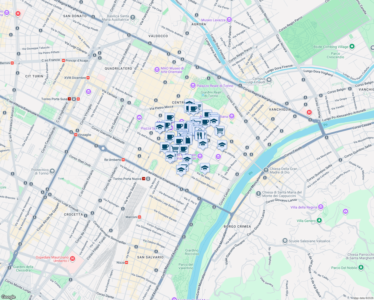 map of restaurants, bars, coffee shops, grocery stores, and more near 25 Via Giambattista Bogino in Turin