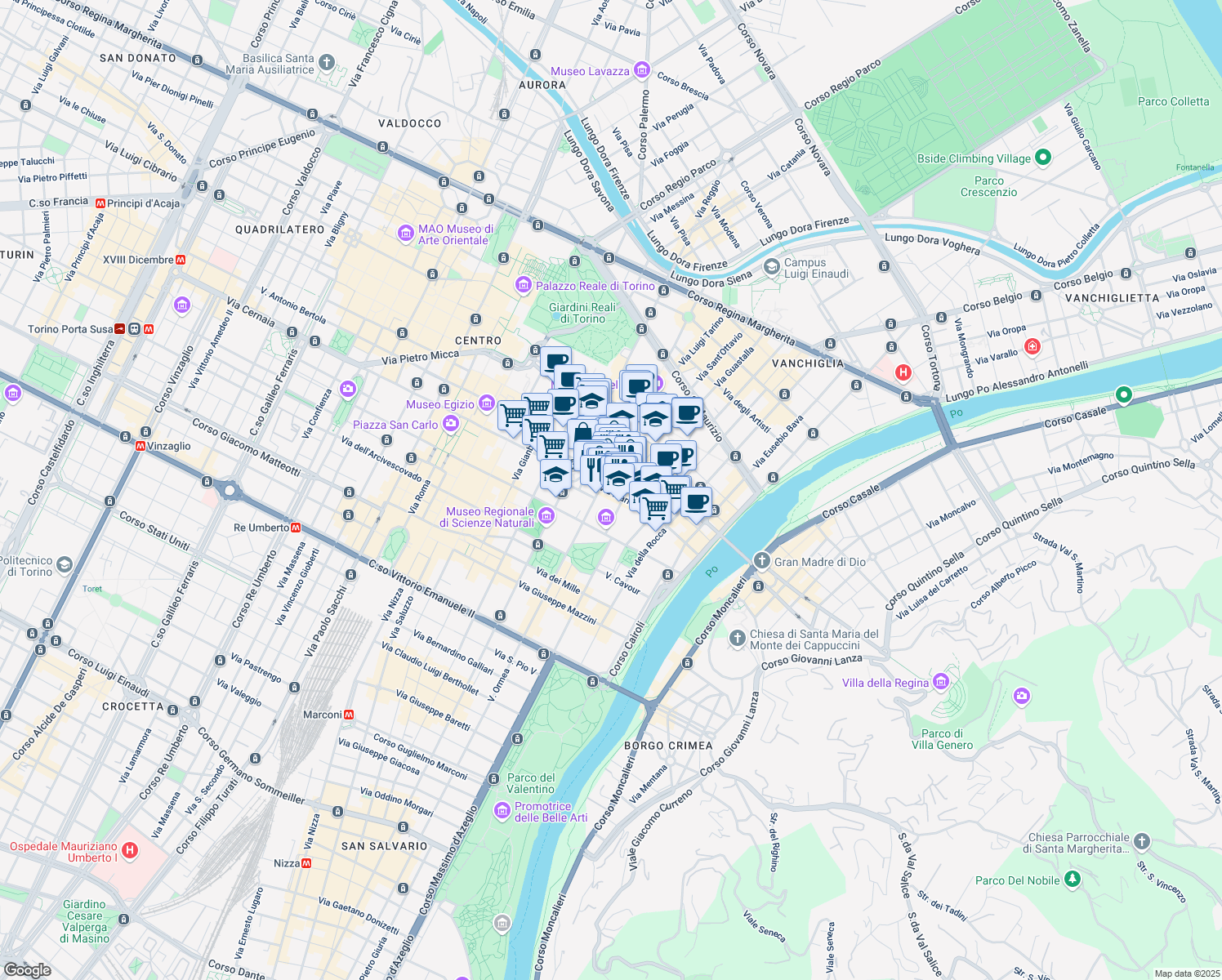 map of restaurants, bars, coffee shops, grocery stores, and more near 12 Via San Massimo in Turin