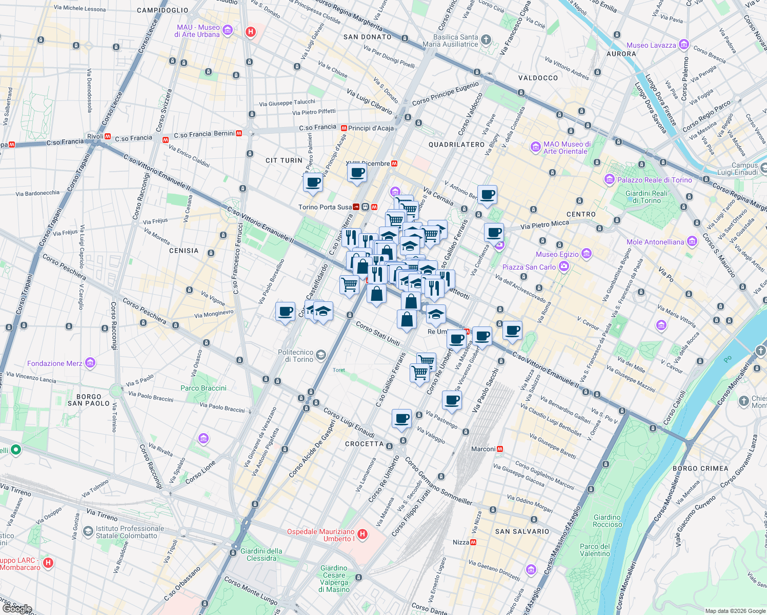 map of restaurants, bars, coffee shops, grocery stores, and more near 30-34 Via Magenta in Turin